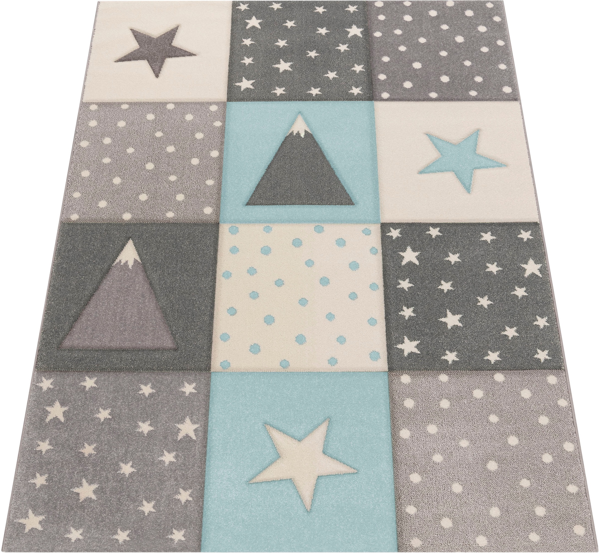 Paco Home Kinderteppich »Cosmo 340«, rechteckig, 17 mm Höhe, Kurzflor, Pastell-Farben, 3D Effekt, Motiv Berge, Punkte & Sterne