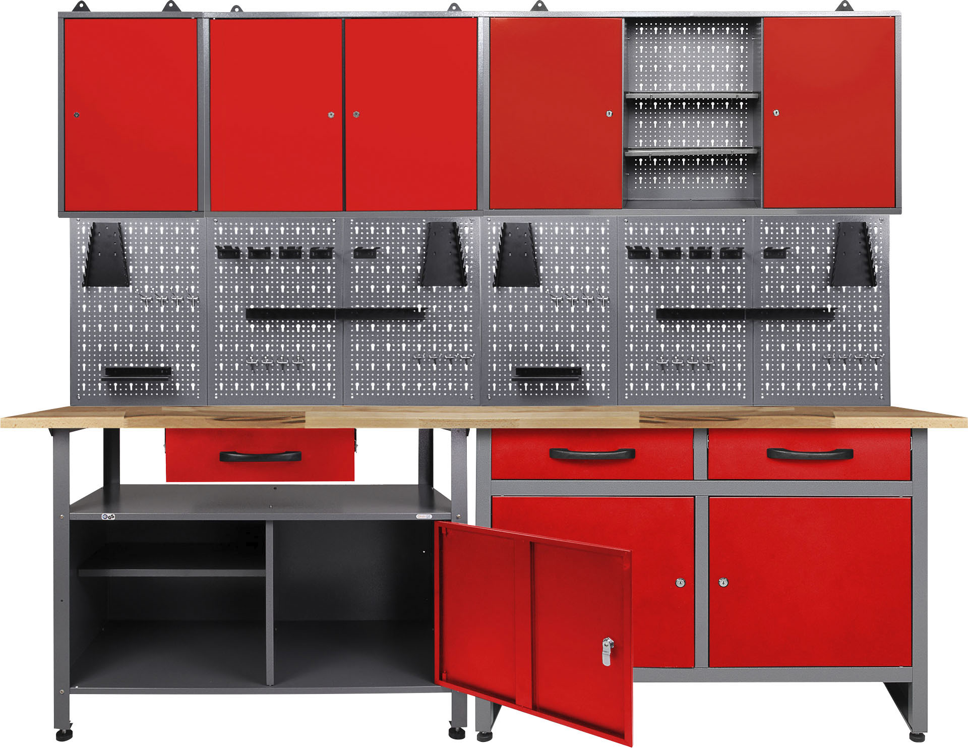 ONDIS24 Werkstatt-Set, B:240cm H:205cm T:60cm, schwarz, Werkbänke, 2x Werkbank, 2x Werkzeugwand, 3x Hängeschrank