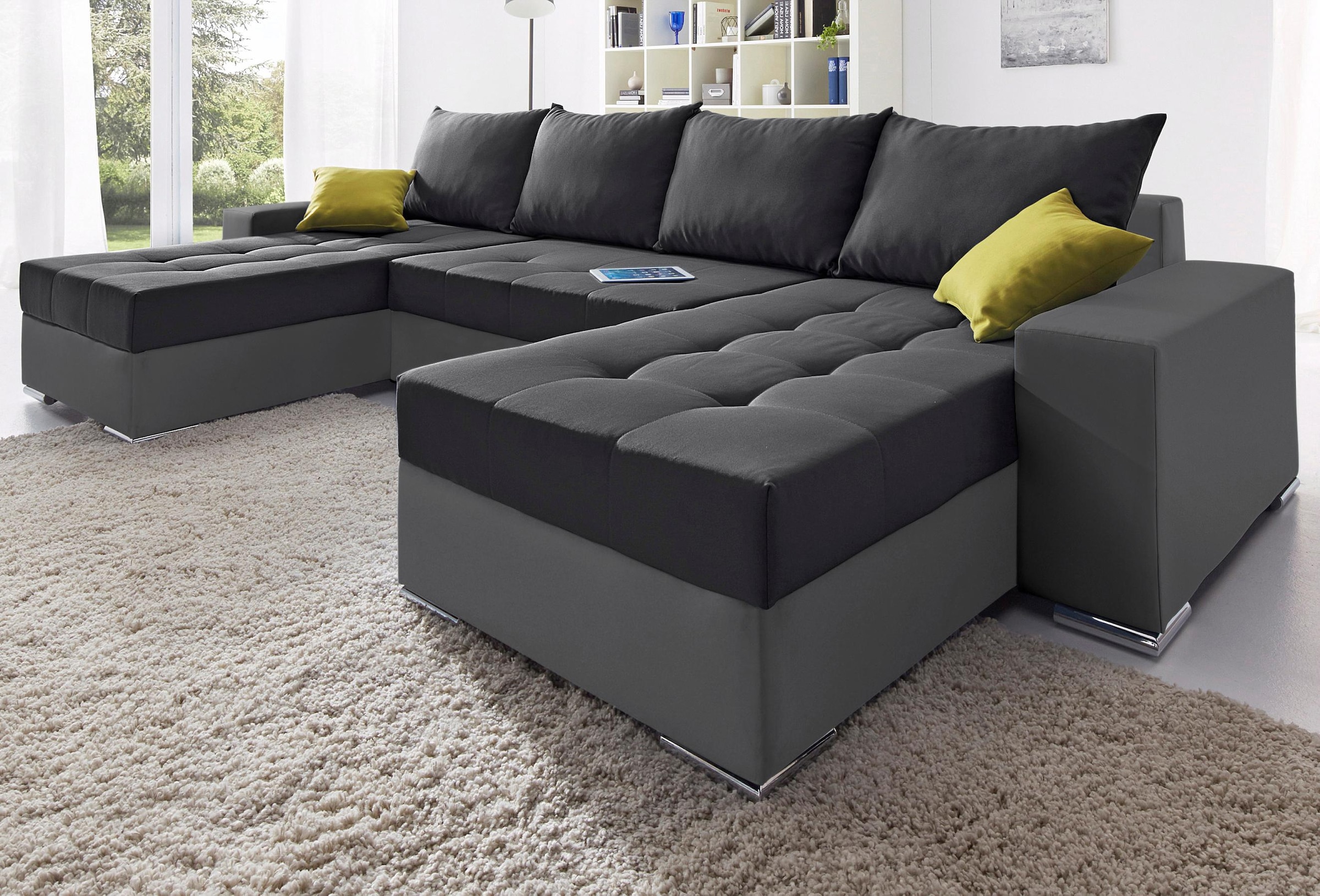 Sofa »XL-Josy U-Form plotis 313 cm Flachgewebe Struktur Kunstleder« ir miegojimo funkcija Dėžutė patalynei su 4 gleich dydžiai Dekoratyvinės pagalvėlės