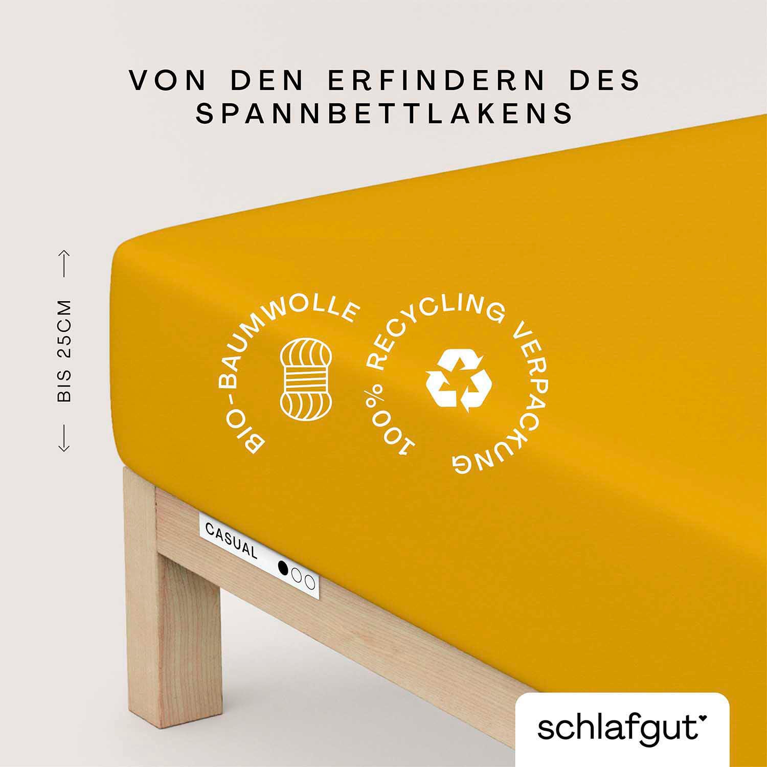 Schlafgut Spannbettlaken "CASUAL Bettlaken 100% gekämmte Bio-Baumwolle, 150 g/m², Spannbetttuch" Bettlaken bis 25 cm Höhe, langlebig, weich, Antipilling-Ausrüstung
