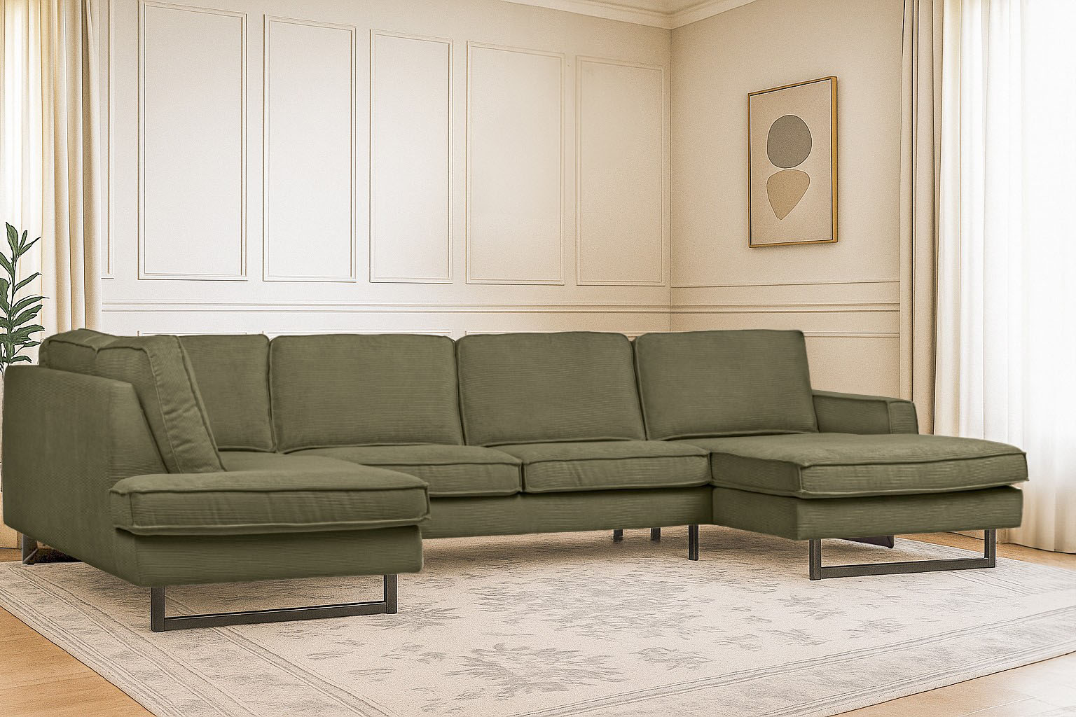 OTTO home Wohnlandschaft "Pinto, 350 cm, U-Form, XXL, mit Ottomanen" Cord, Chenille, Lederoptik, mit Keder, Metallfüße, Wellenunterfederung