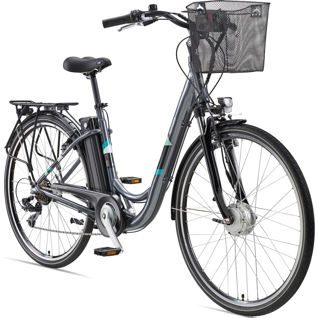 Telefunken E-Bike »Multitalent RC822«, 7 Gang, Shimano, Tourney, Frontmotor 250 W, (ca. 100 km Reichweite-2 V-Bremsen-Beleuchtung-Straßenzulassung), City Elektrofahrrad, Pedelec, Damen Herren, 28 Zoll, 36 V 374 Wh Akku