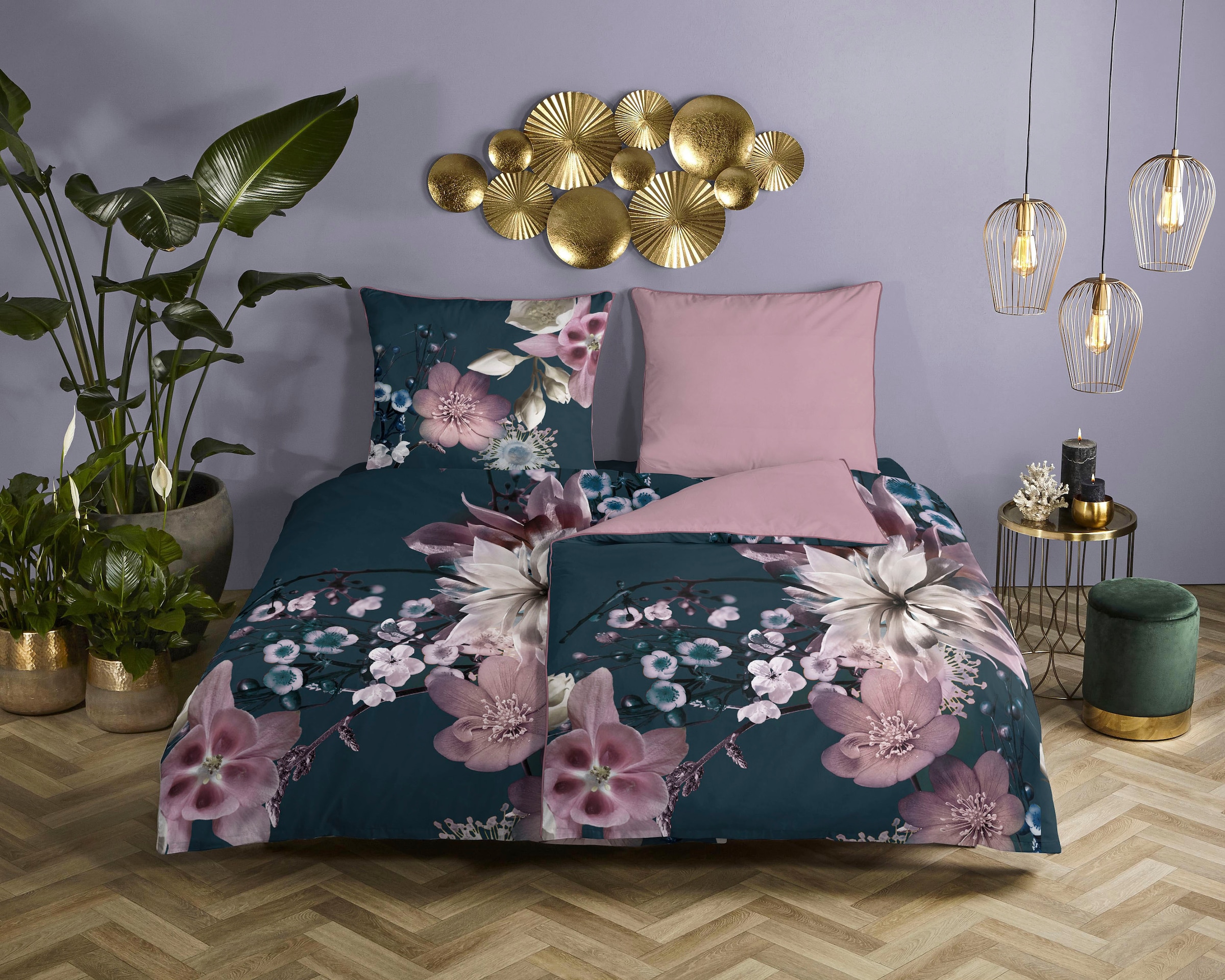 Descanso Wendebettwäsche »Guana«, Baumwolle, Satin, 135x200, Biese, Reißverschluss, Wende, Blumen