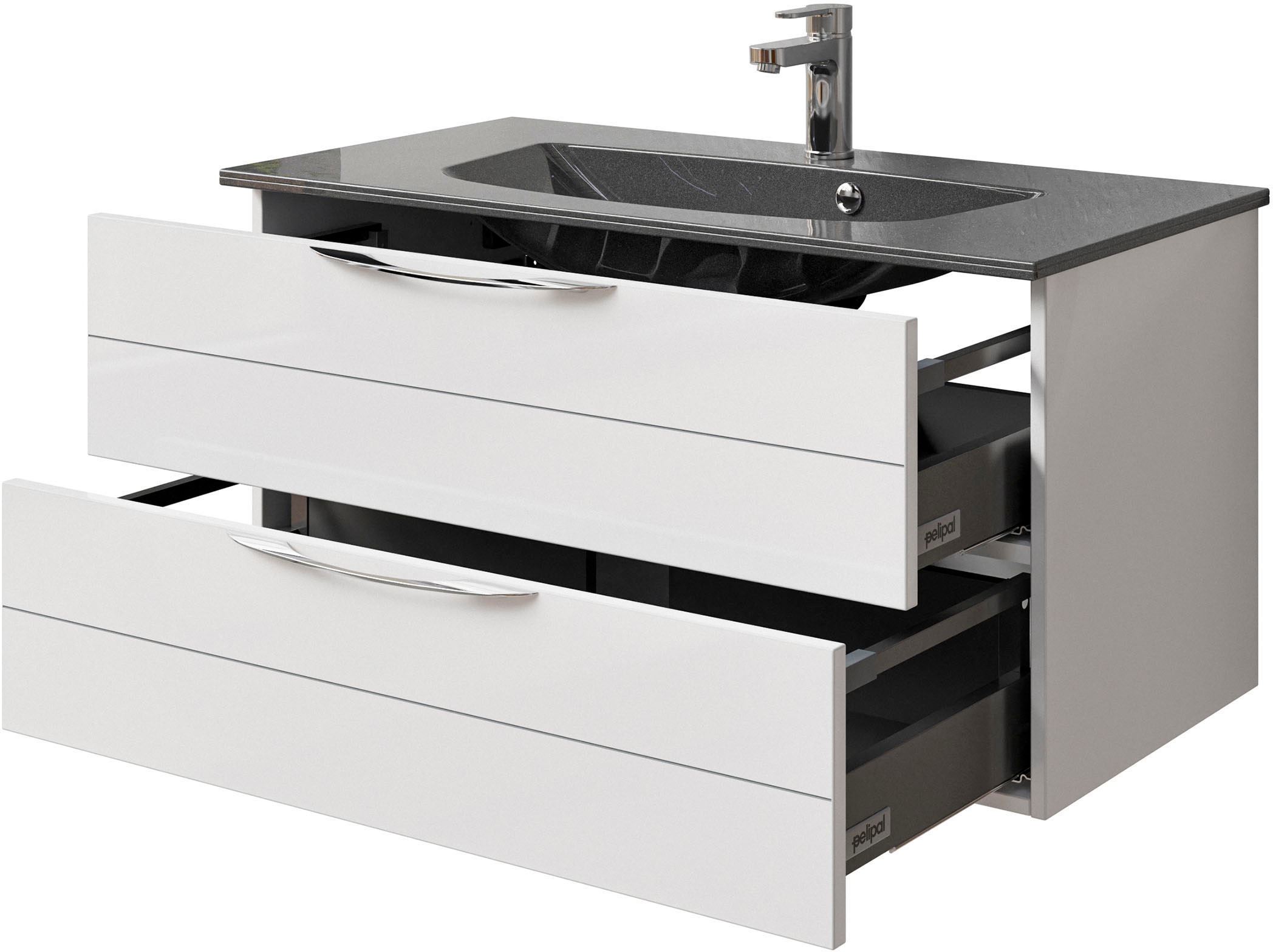 Saphir Waschtisch »Serie 6025 Mineralmarmor-Waschtisch mit Unterschrank, 97 cm breit«, Waschplatz mit 2 Schubladen, hängend, verschiedene Ausführungen