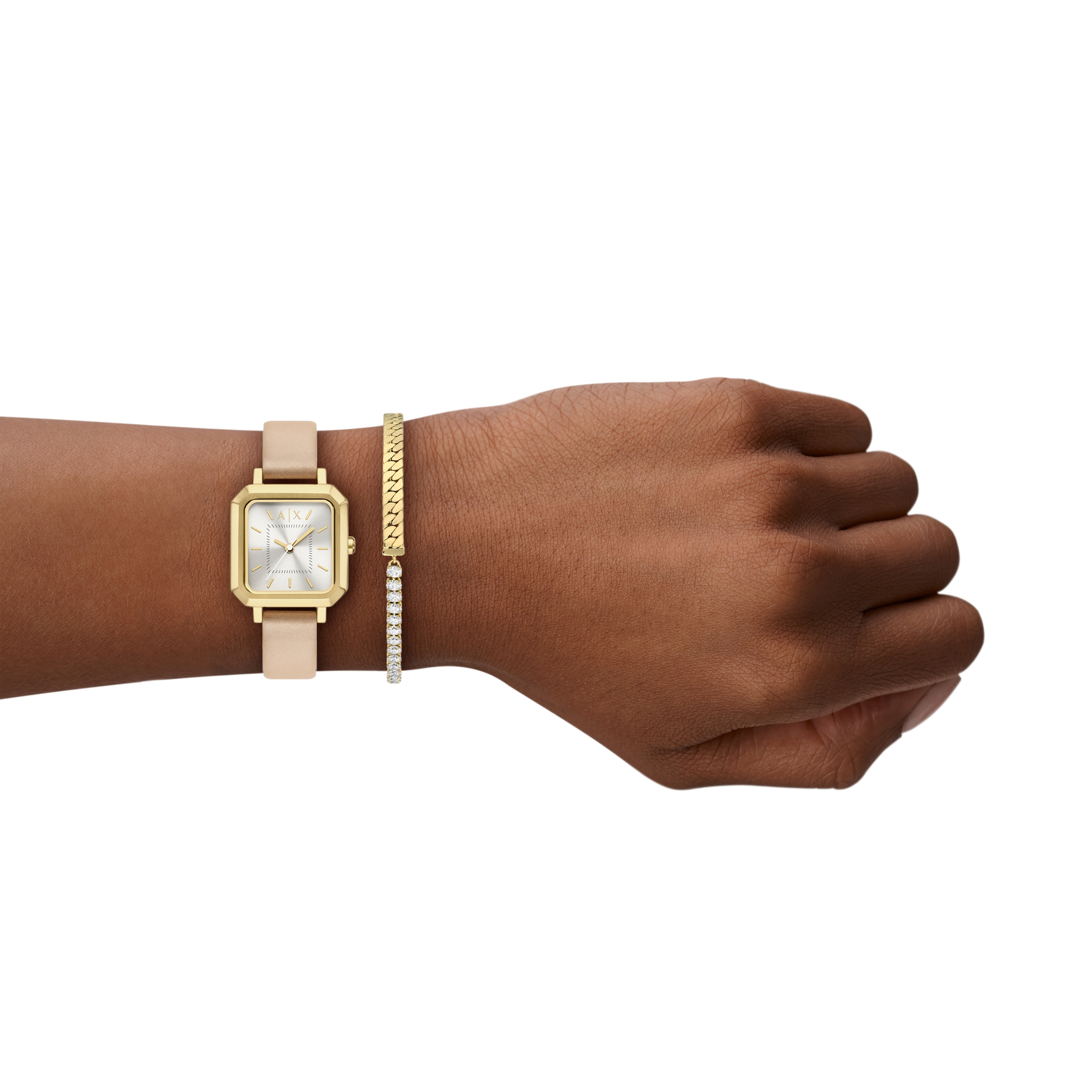 ARMANI EXCHANGE Quarzuhr, (Set, 2 tlg., mit Armband), Armbanduhr, Damenuhr, Lederarmband, Ideal auch als Geschenk, analog