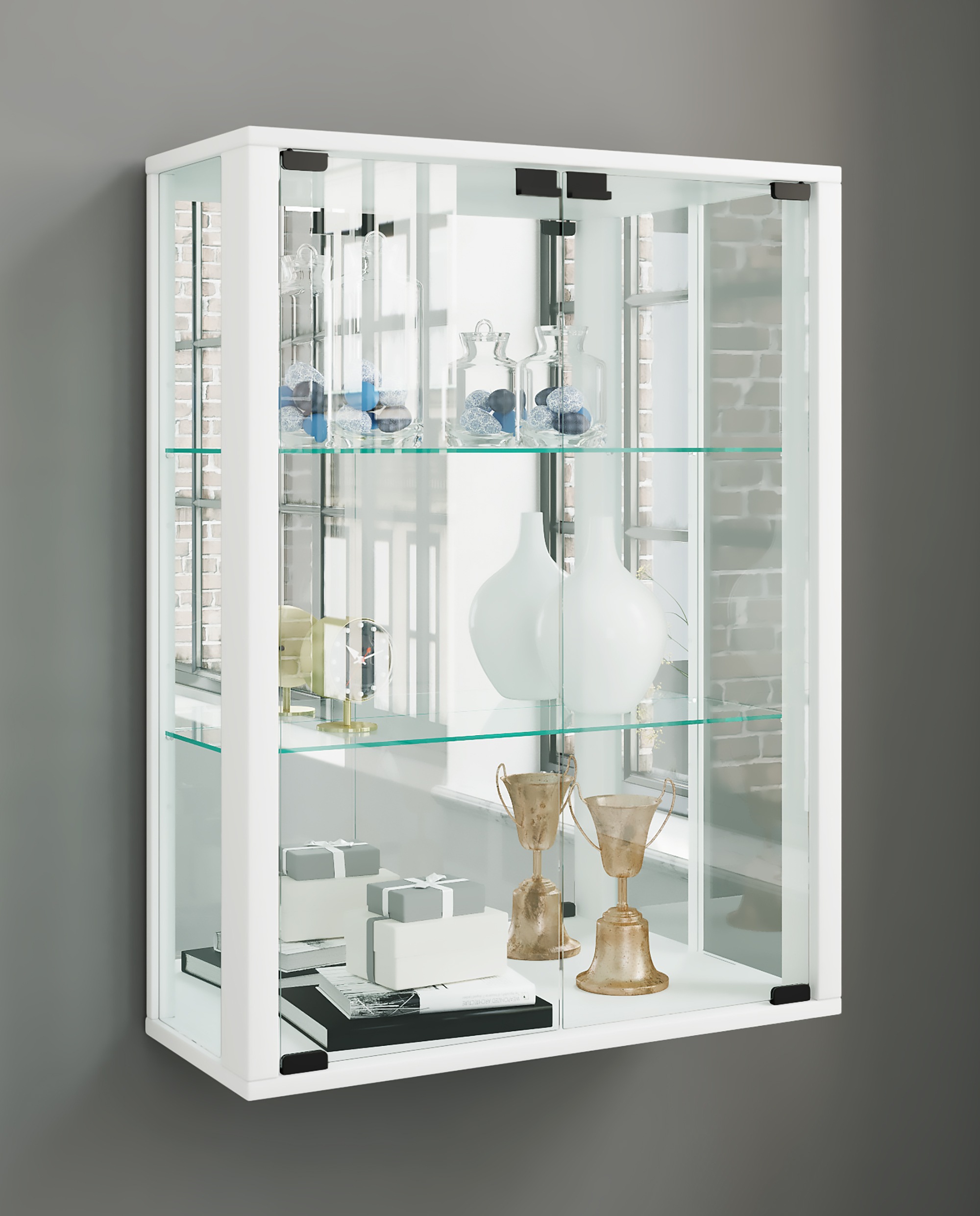 VCM Wandregal »VCM Glasvitrine hängend | Vitrine Glas mit ESG-Sicherheitsglas | Maße ca. H. 80 x B. 60 x T. 25 cm | Hängevitrine Glas | Modern und platzsparend | Glas Vitrinenschrank - Udina Spiegel«