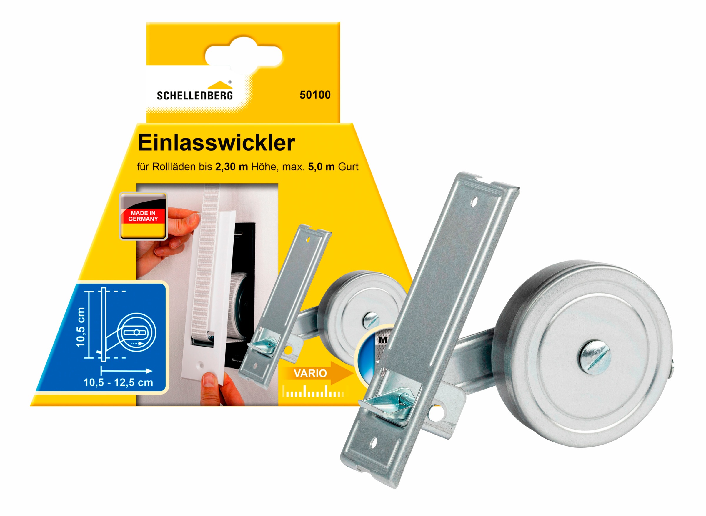 SCHELLENBERG Einlass-Gurtwickler "für das Rollladensystem Maxi, Lochabstand 10,5 cm, Unterputz-Montage", 1 Stk., silber, Gurtwickler, für