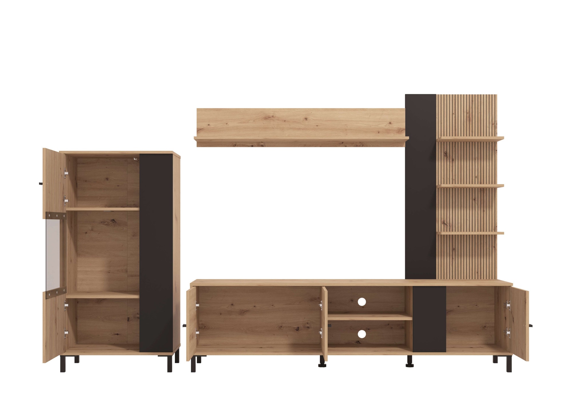 INOSIGN Wohnwand »Avignon, inkl. Highboard, TV-Board, Standregal und Wandregal«, (Komplett-Set, 4 St.), 263 cm, Trendfarben, mit dekorativen schwarzen Streifen, TV bis 58'