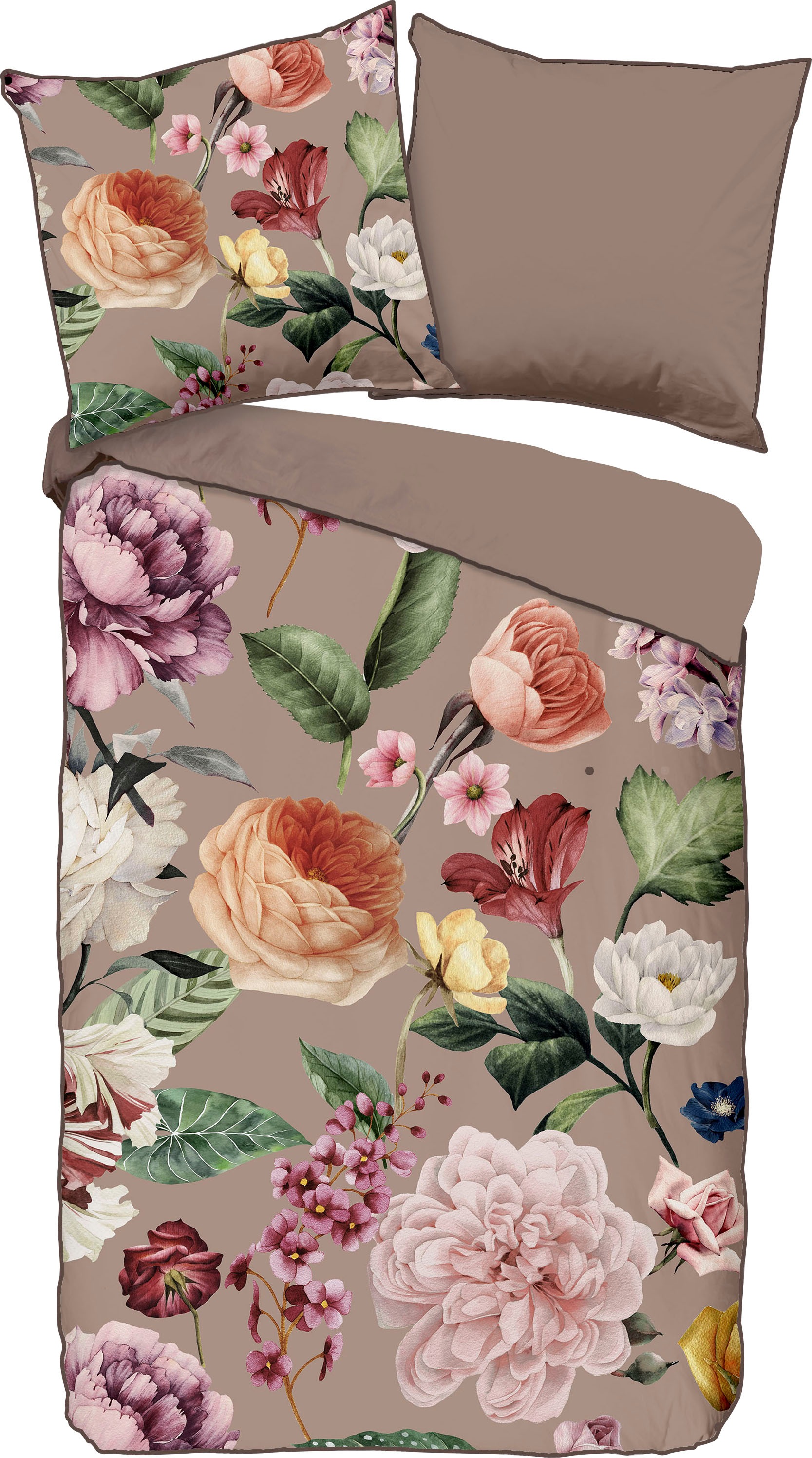 Descanso Wendebettwäsche "Fiori", Baumwolle, Satin, 135x200, Biese, Reißverschluss, Wende, Blumen Sand