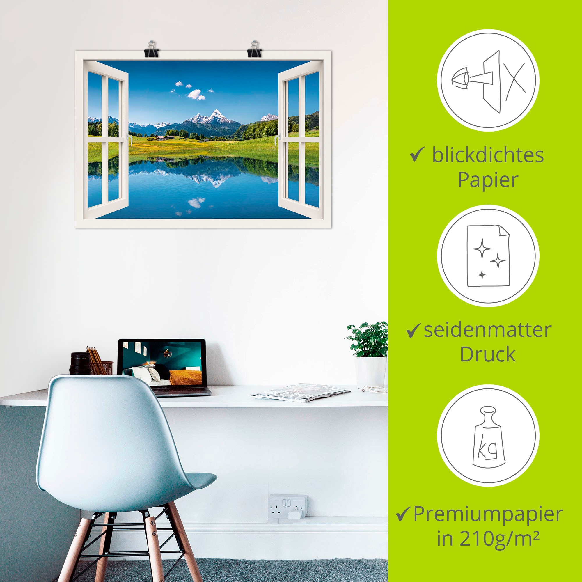 Artland Wandbild »Fensterblick Alpen und Bergsee«, Berge, (1 St.), als Leinwandbild, Poster, Wandaufkleber in verschied. Größen