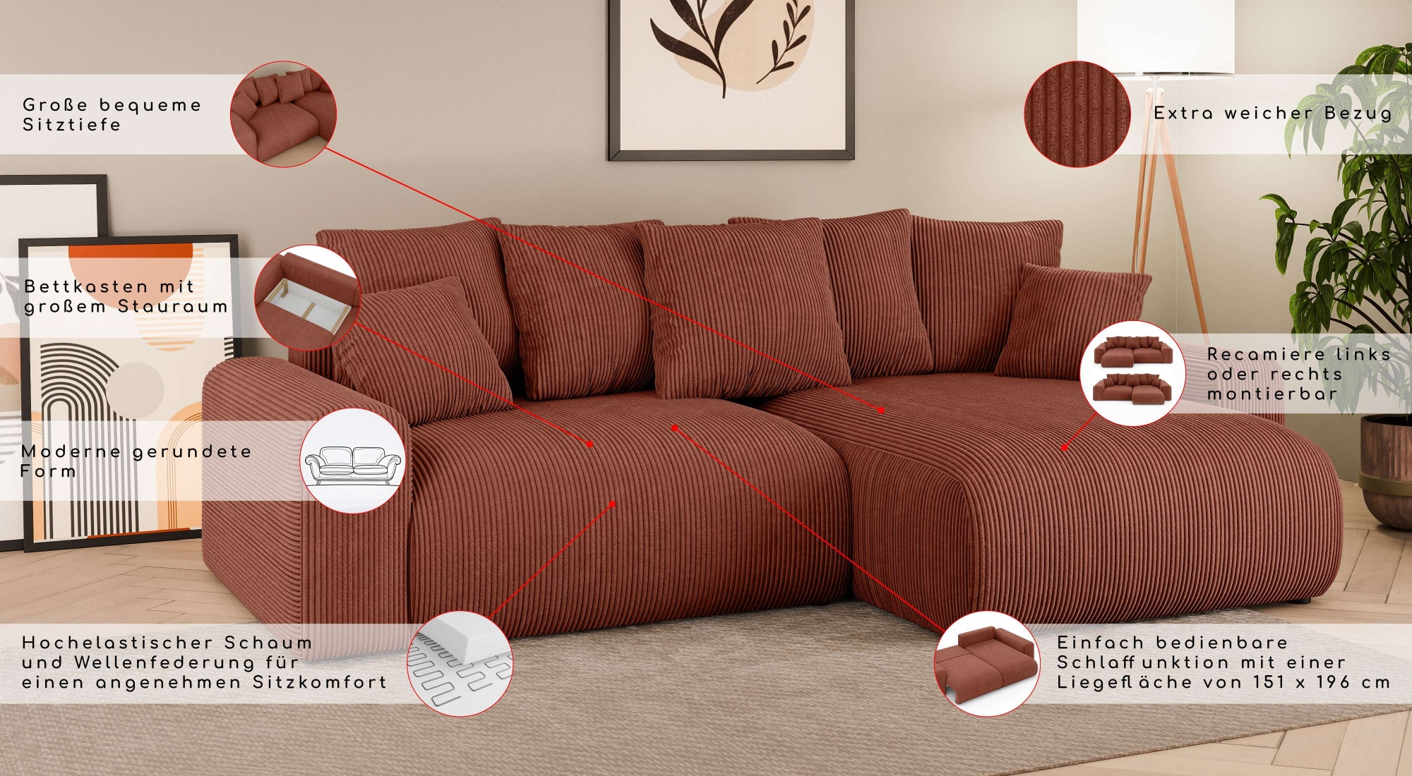 Home affaire Ecksofa »LAKESIDE klein mit Bettfunktion und Bettkasten, B/T/H 235/142/84 cm«, L-Form, Recamiere beidseitig montierbar, mit Wellenunterfederung