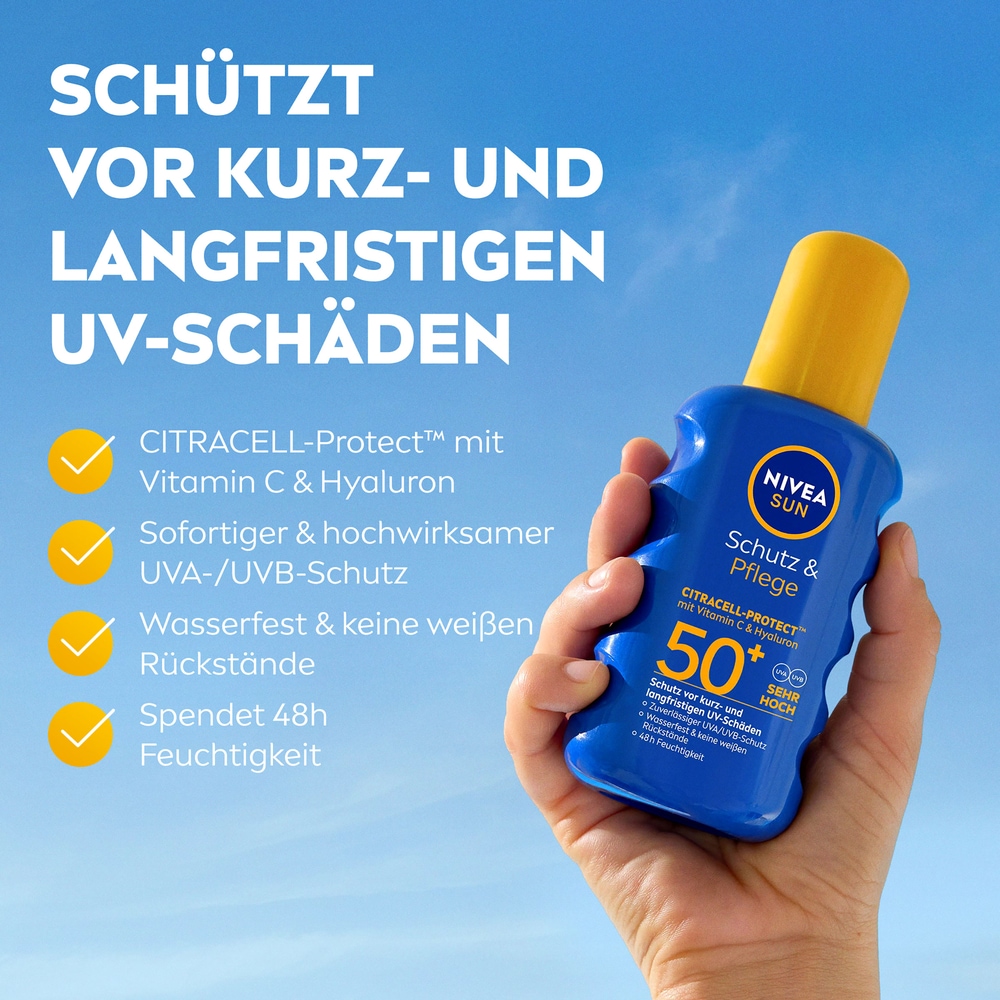 Nivea Sun Sonnenschutzspray »Schutz & Pflege Spray LSF50+ 200ml mit To Go Größe Gratis« wirkt über herkömmliche UV-Filter hinaus