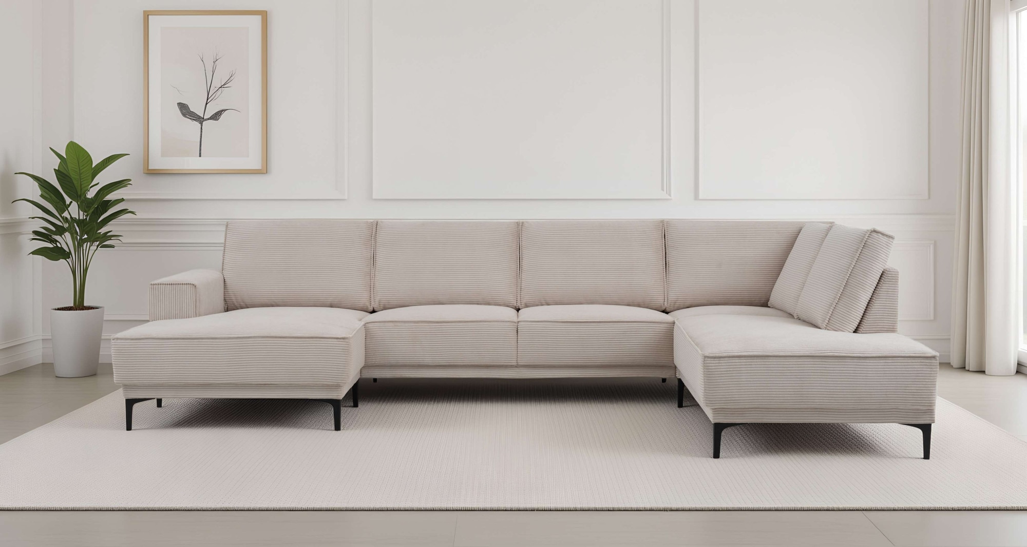 OTTO home Wohnlandschaft "OLAND Cord U-Form, XXL, B: 345 cm, Skandi-Design" U-Form, 345 cm, Wellenunterfederung, Skandi-Design, Metallfüße