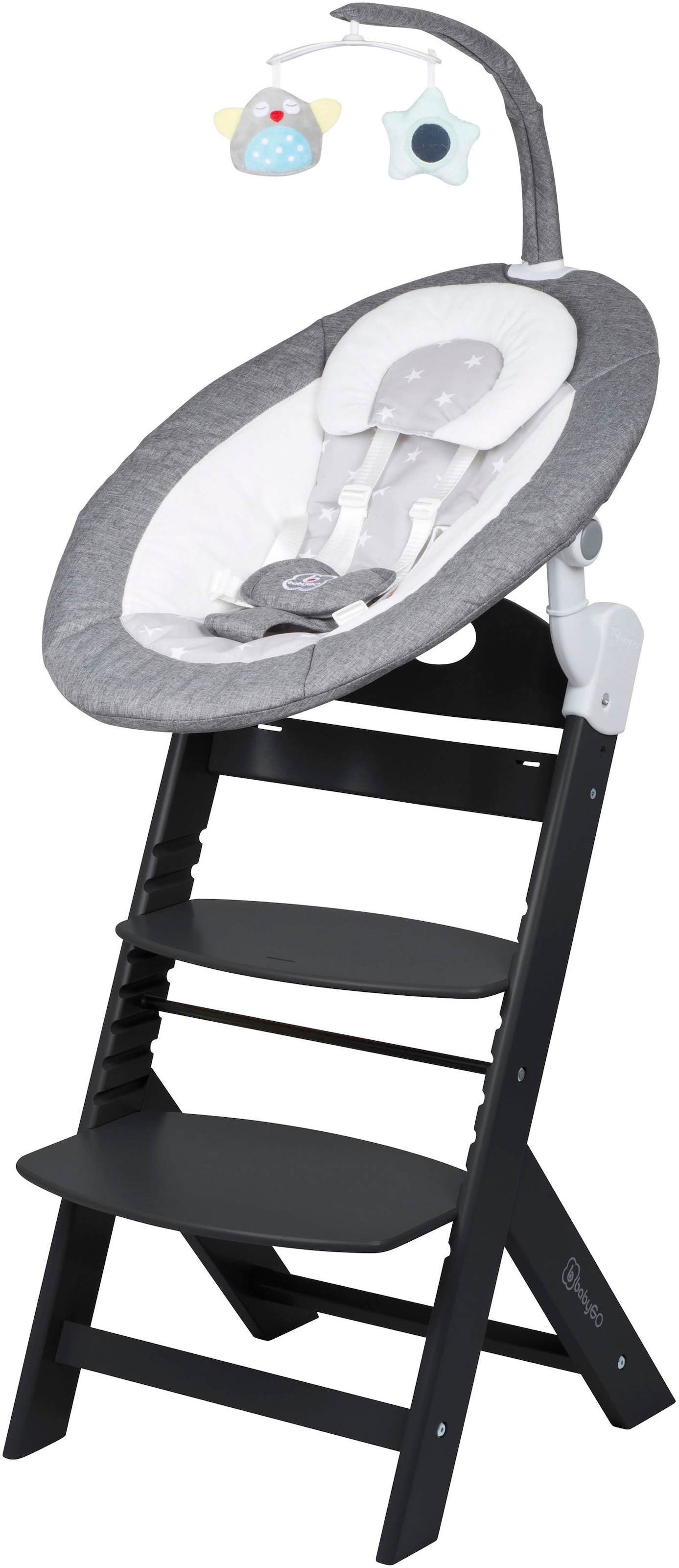 BabyGo Hochstuhl »Family Homey Set, schwarz/hellgrau« () mit elektrischer Babywippe inkl. Spielbogen