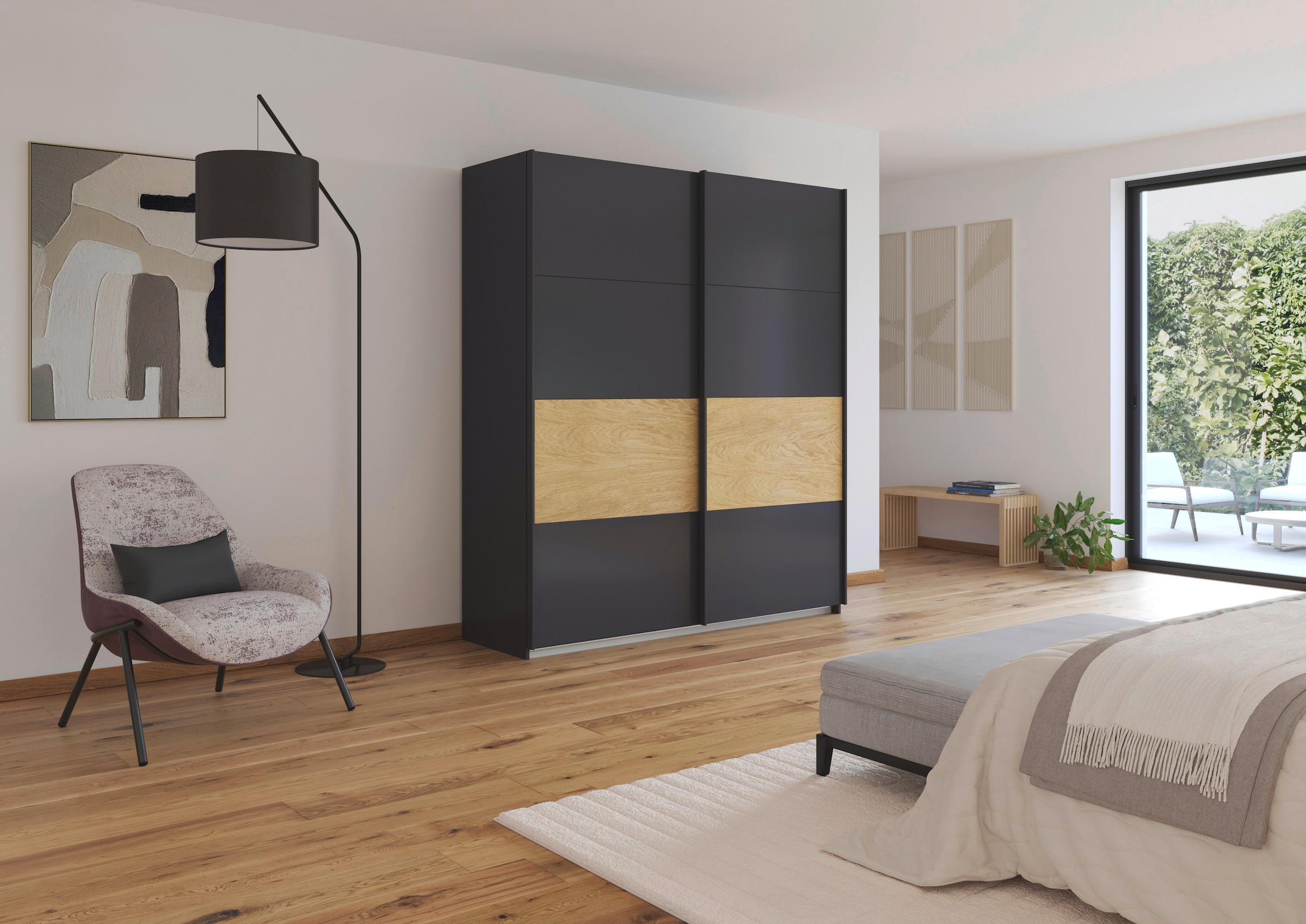 rauch Schwebetürenschrank »Kleiderschrank Schrank Garderobe Schlafzimmerschrank MALVA«, Bauchbinde abgesetzt in gebürstetem Eiche Furnier MADE IN GERMANY