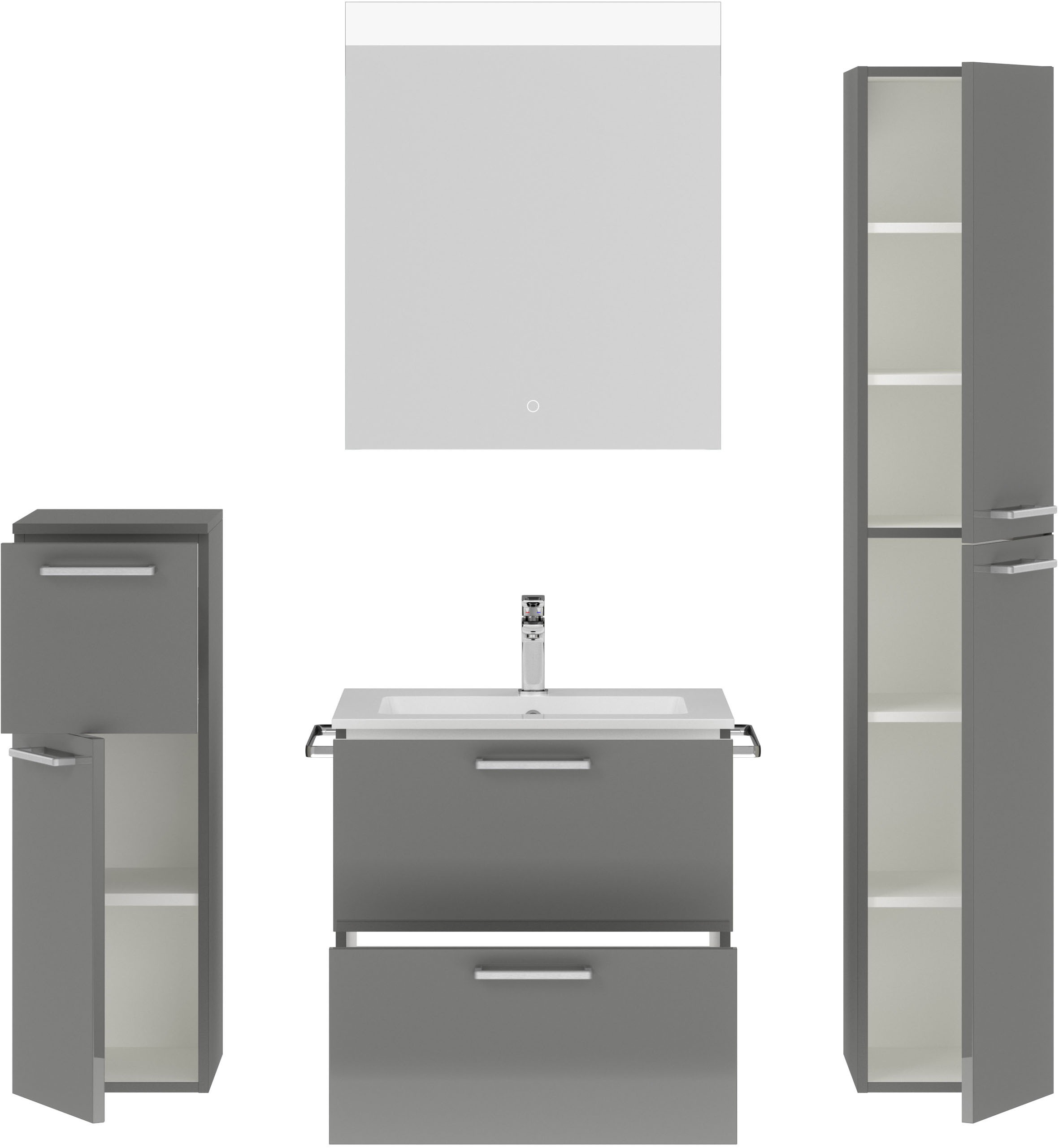 nobilia® Badmöbel-Set »Tolvina«, (4 St., vormontiert, mit Soft-Close), Hochglanz, inkl. Spiegel mit Touch-Sensor, in vier Breiten