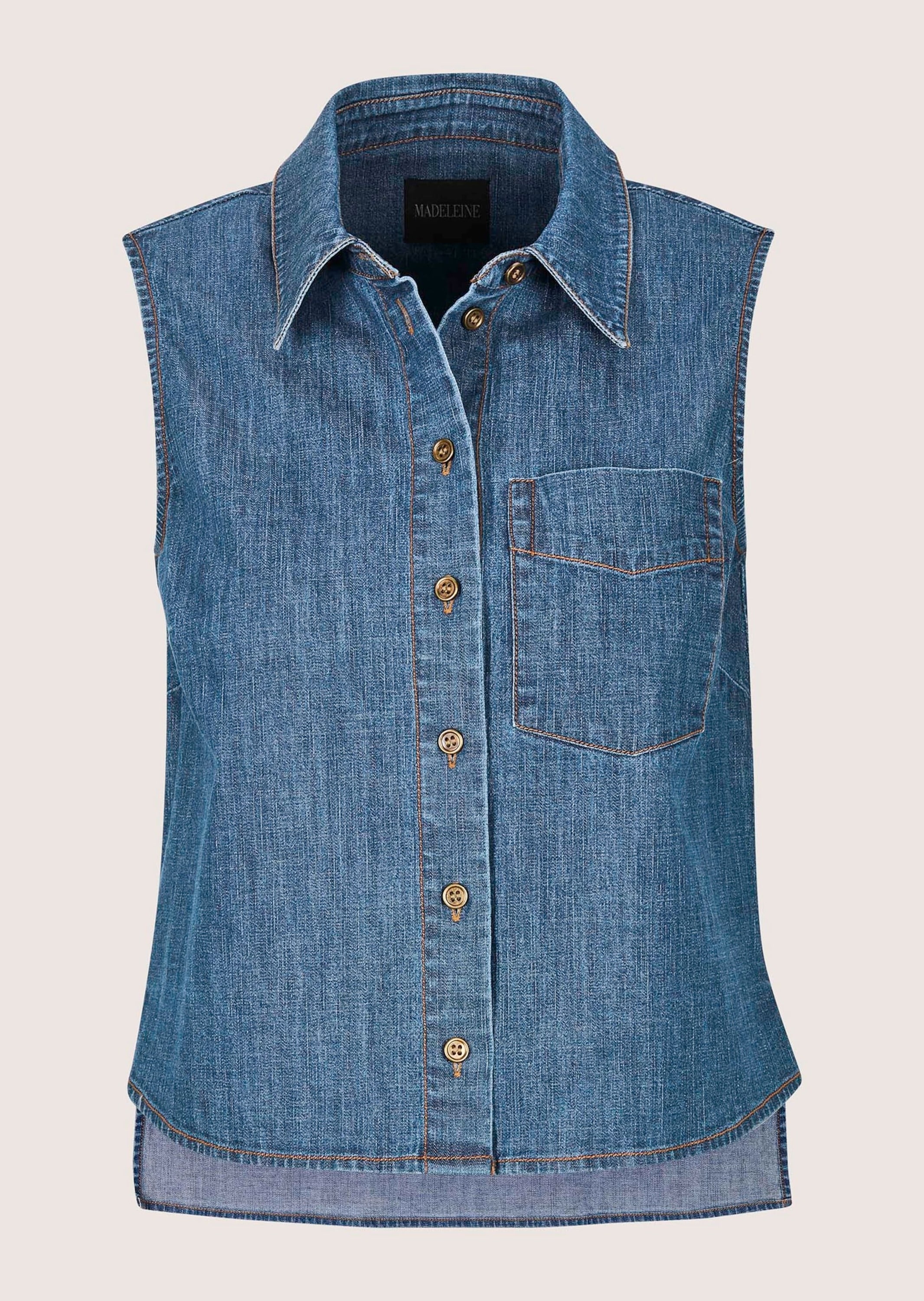 MADELEINE Hemdbluse "Jeansbluse Modernes Denimtop mit Hemdkragen" Bluse mit Brusttasche und Rücken länger als Vorderteil