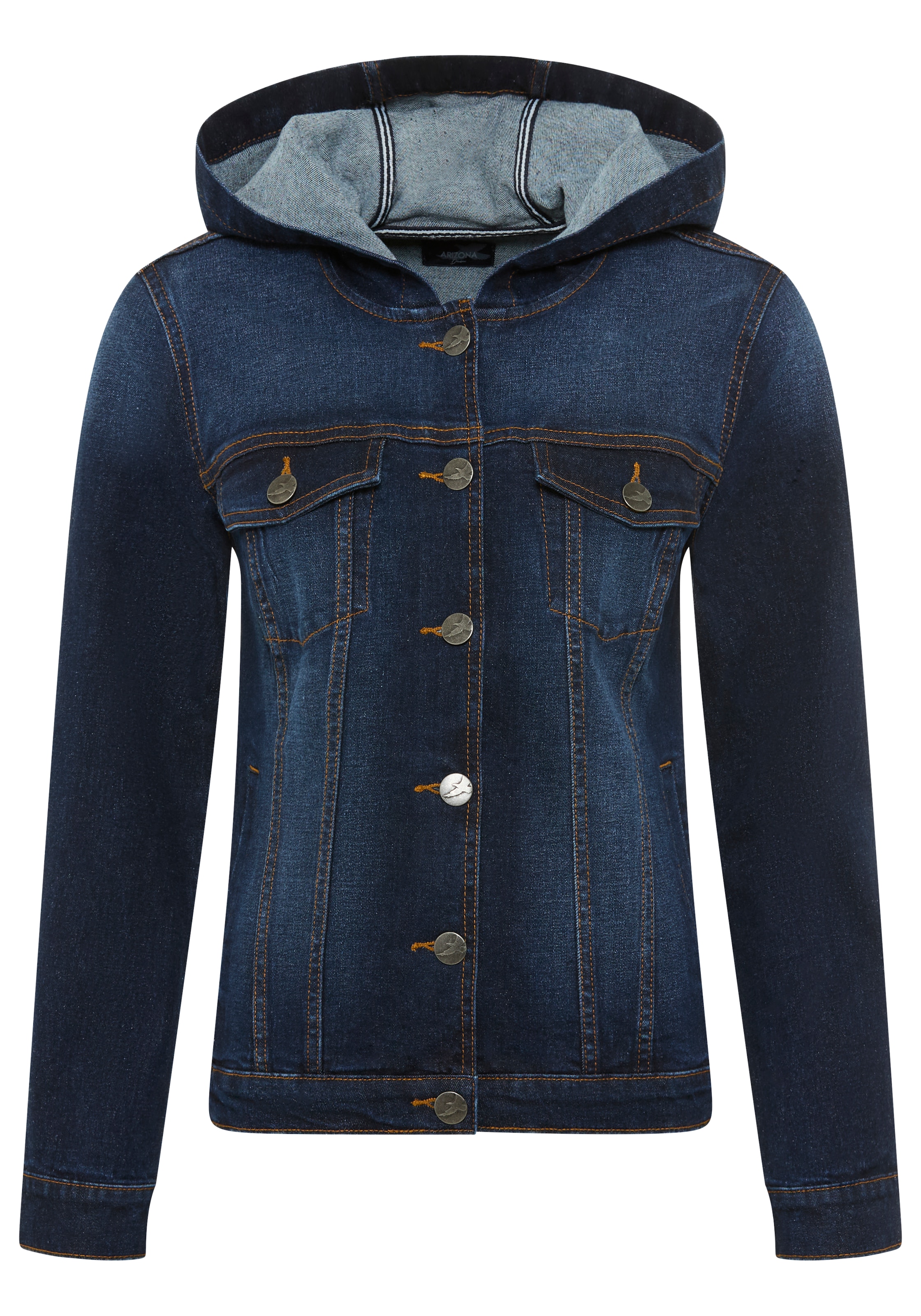 Arizona Jeansjacke mit Kapuze mit Kapuze, Regular Fit, mit Knopfleiste, mit Knopf-Applikationen