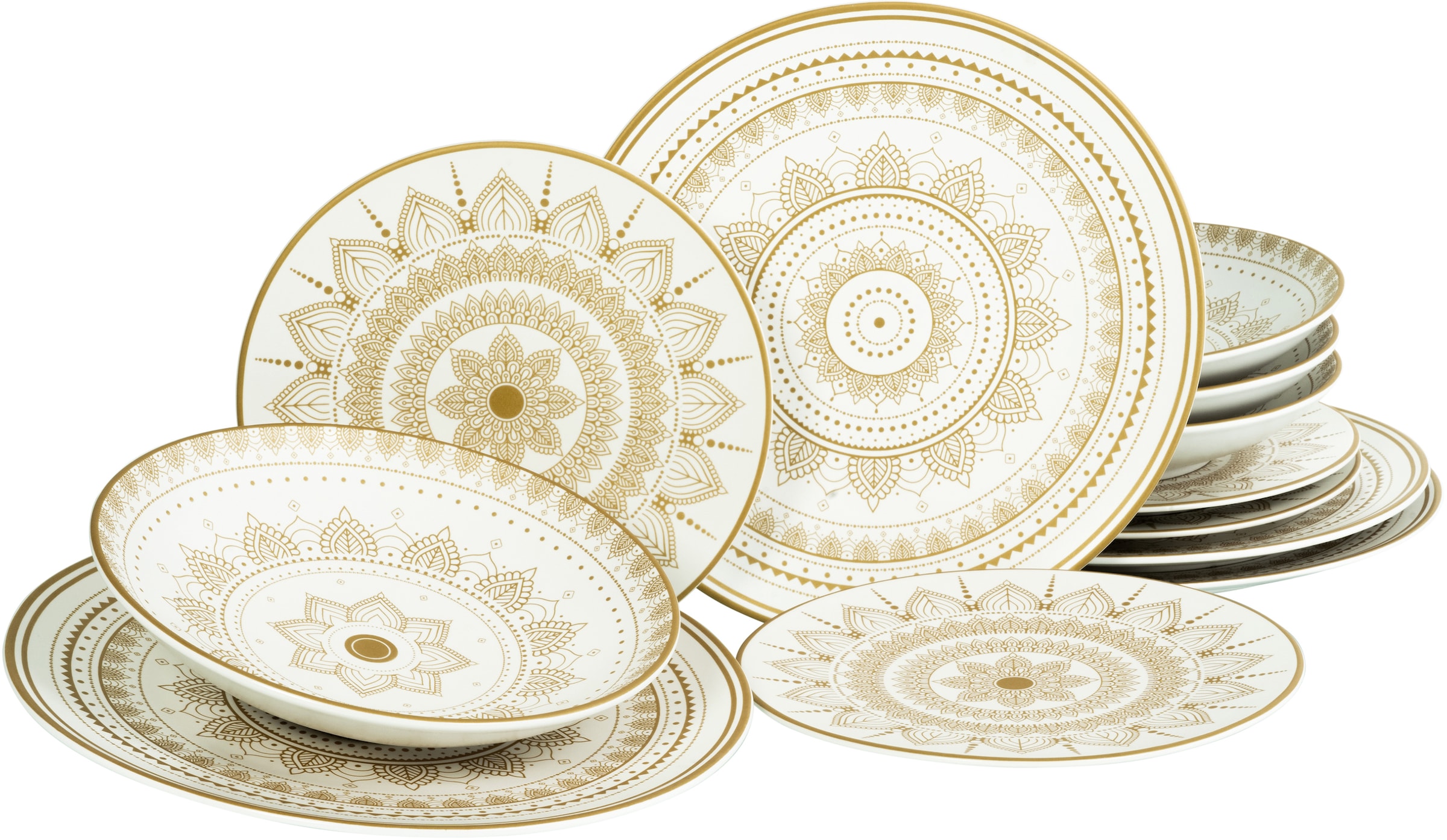 CreaTable Teller-Set "Mandala Gold", (Set, 12 tlg., Tafelservice für 4 Personen), Service, goldene orientalische Motive,