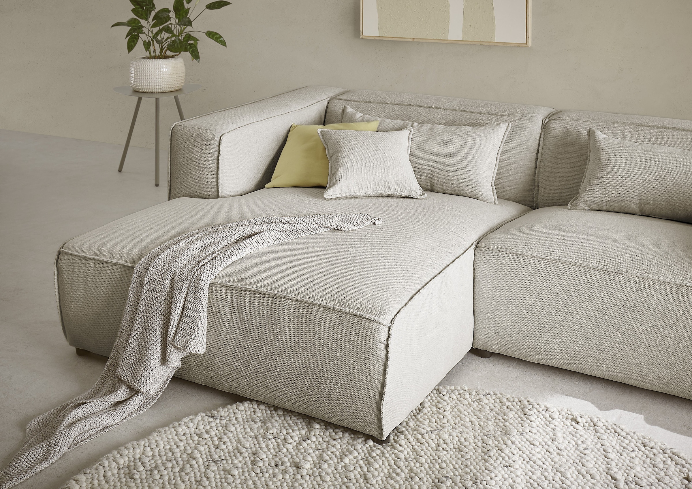 LeGer Home by Lena Gercke Ecksofa »PIARA mit Kedernaht in Cord oder Leinenoptik, moderne Couch in L-Form«, wahlweise Ottomane rechts/links, schwarze Füße, bequemer Sitzkomfort