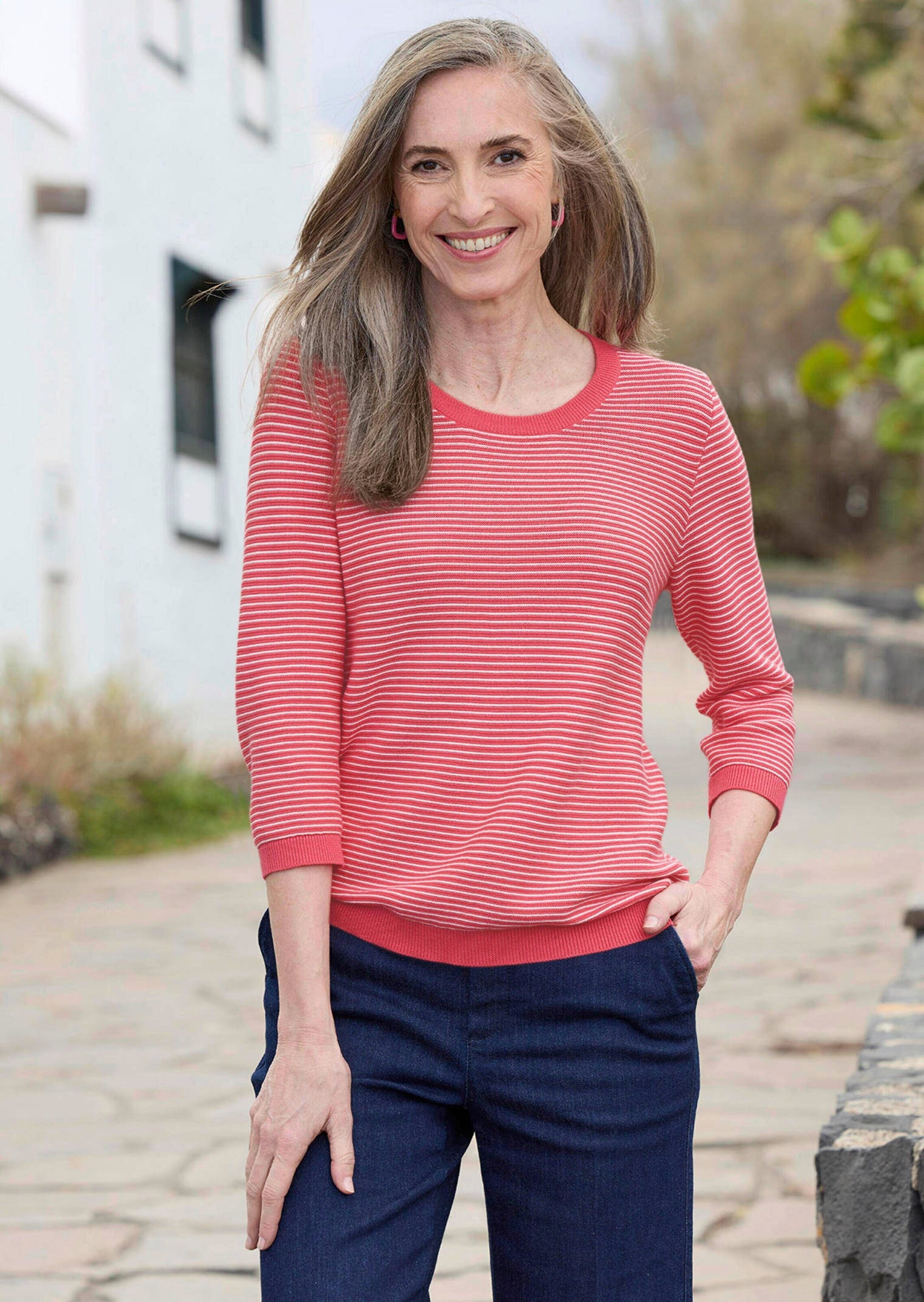 GOLDNER Rundhalspullover »Kurzgröße Halbarm Ringelpullover aus Baumwolle« Rundhalsausschnitt