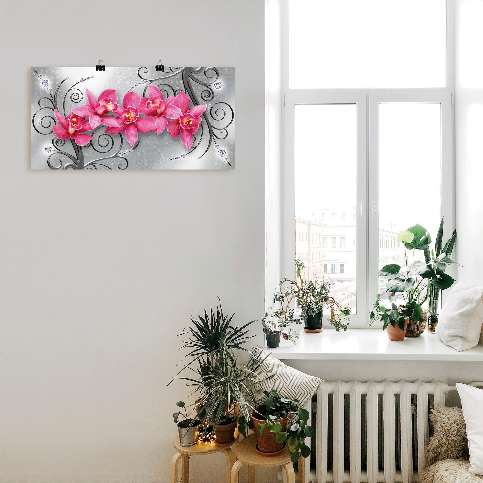 Wandbild ARTLAND "rosa Orchideen auf Ornamenten", pink (farbe bild(er): pink), B:40cm H:20cm, Bilder, als Alubild, Leinwandbild, Poster in verschied. Größen 2
