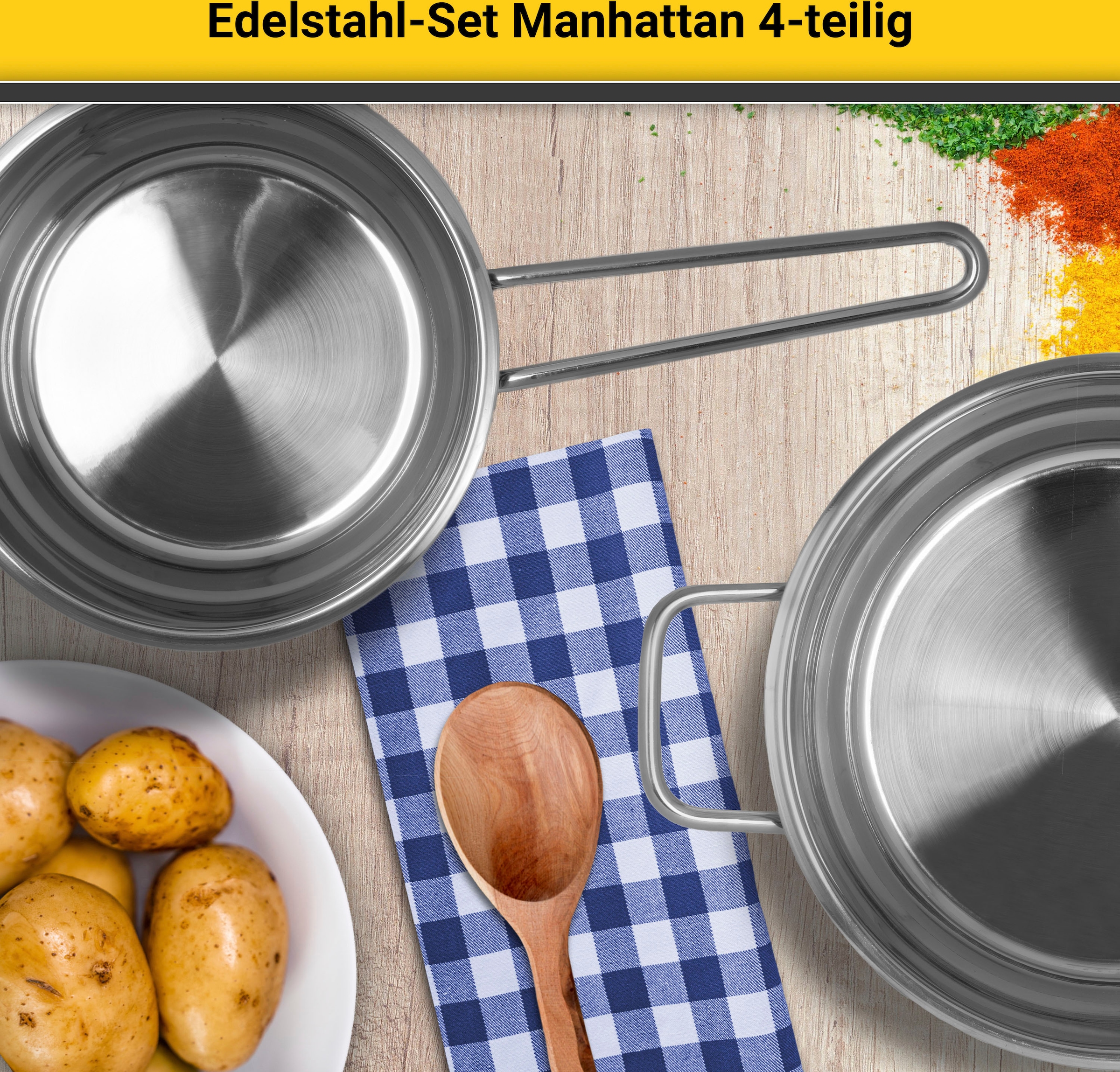 Krüger Topf-Set »Manhattan«, Edelstahl, (Set, 7 tlg., Bratentopf Ø 20 cm, Fleischtopf Ø 16/20 cm, Stieltopf Ø 16 cm), für Induktions-Kochfelder geeignet
