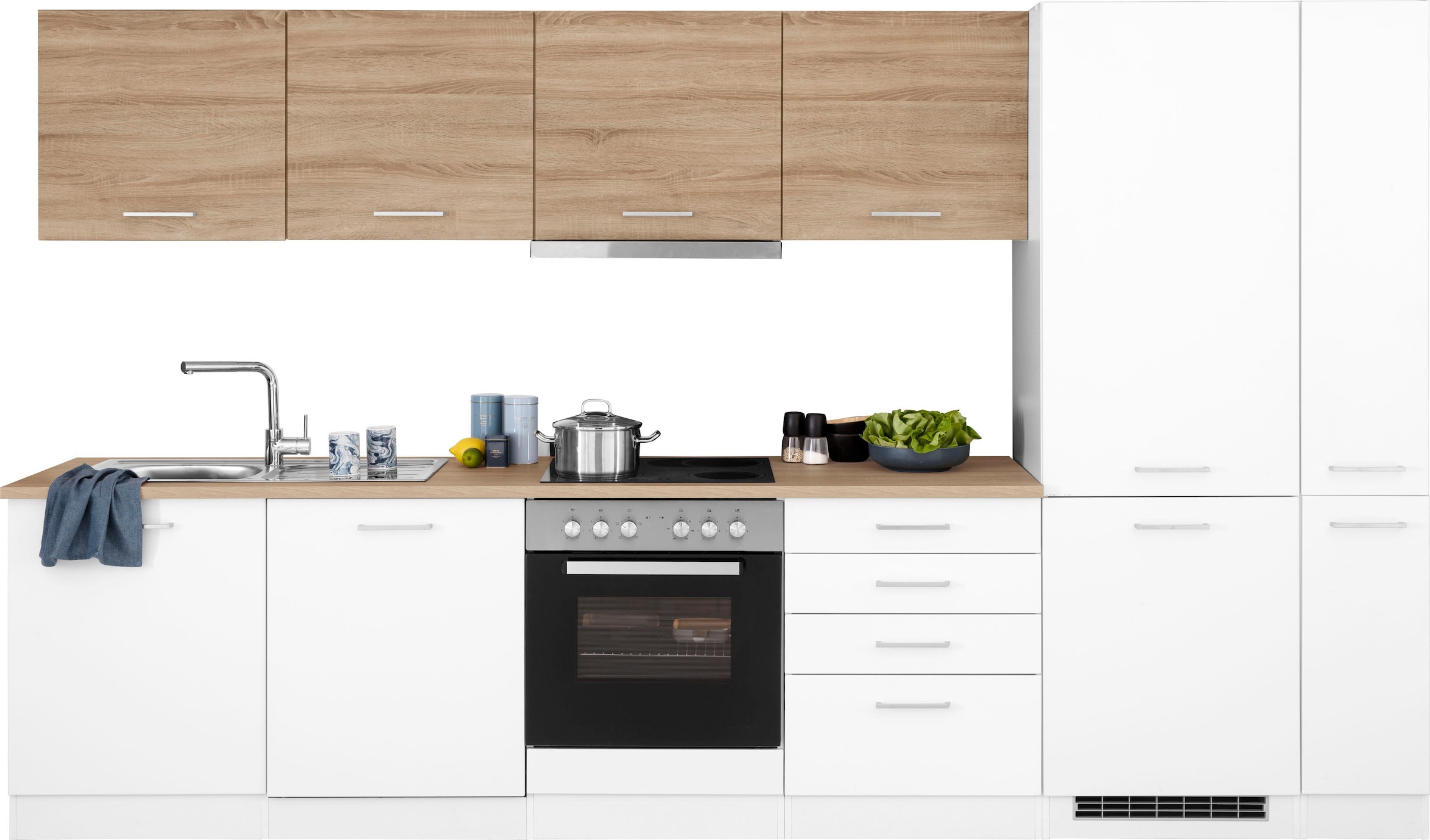 KOCHSTATION Küchenzeile »KS-Visby«, mit E-Geräten, Breite 330 cm, inkl. Kühl/Gefrierkombination