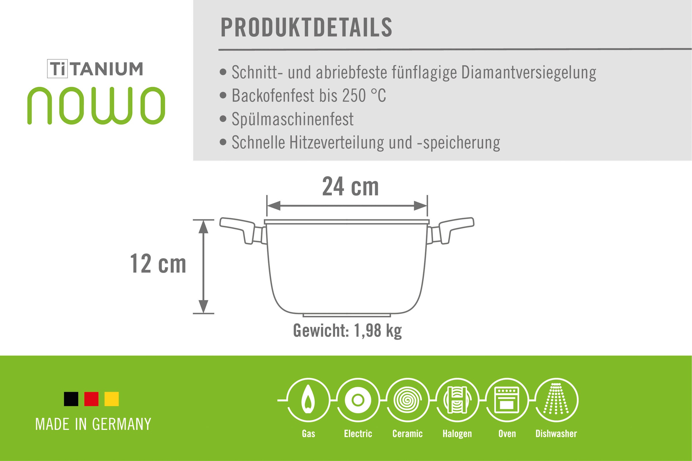 WOLL MADE IN GERMANY Topf-Set »Nowo Titanium«, Aluminiumguss, (Set, 8 tlg., je 1 Kochtopf 20/24/28 cm, 1 Stielkasserolle 18 cm), Made in Germany