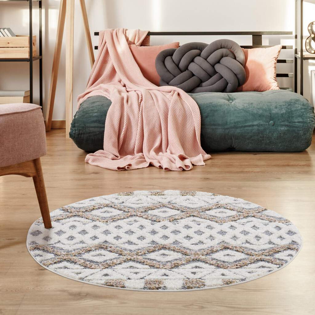 Carpet City Hochflor-Teppich "Focus 3050", rund, 20 mm Höhe, Boho-Teppich, besonders weich, 3D-Effekt, Rauten Design