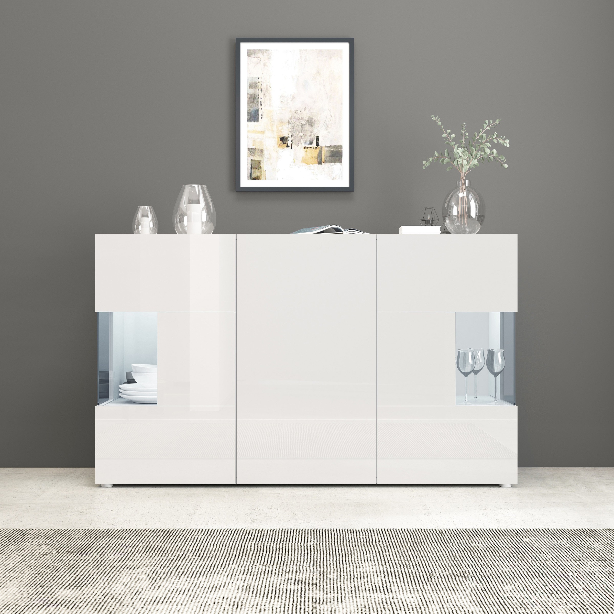 INOSIGN Sideboard »Egypt, Kommode, Schrank, Kredenz, Vitrine grifflos«, 3 Türen davon 2 mit Glaseinsatz, kompl. Hochglanz lackiert Breite 135