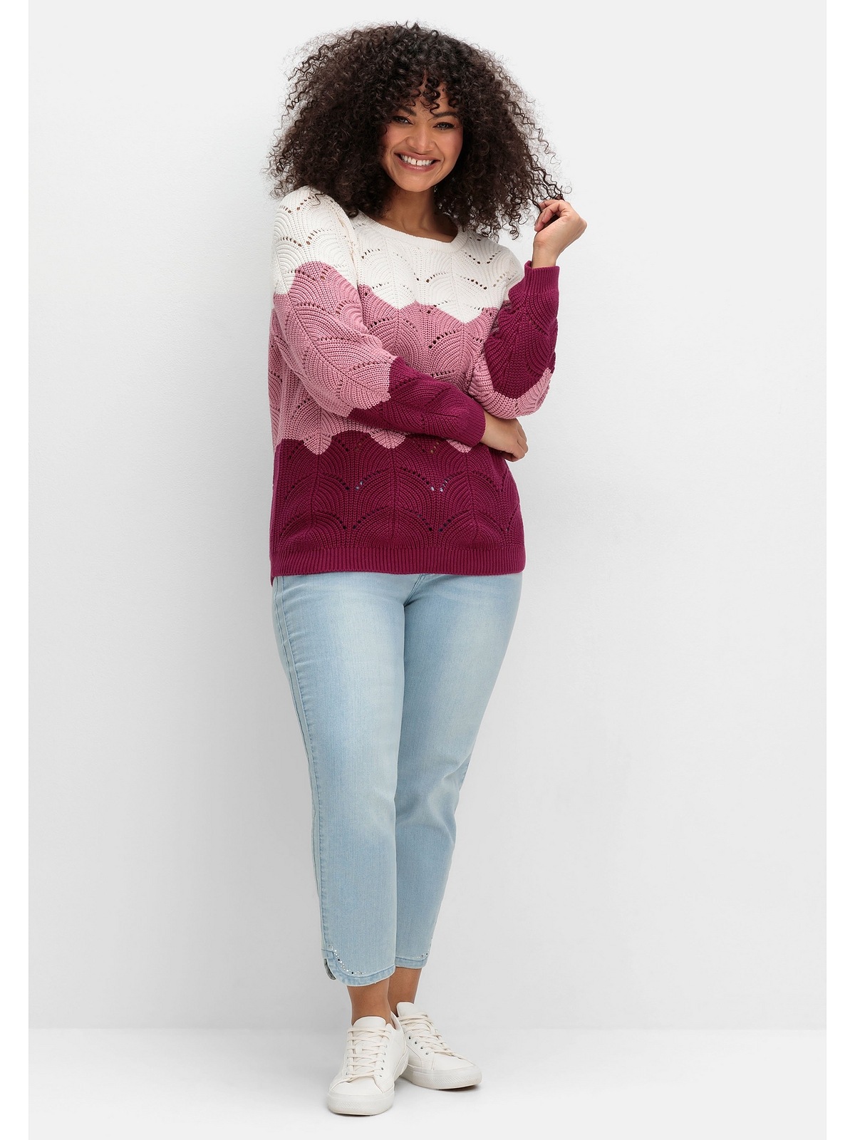 Sheego Rundhalspullover »Große Größen«, im Ajourstrick, mit Colourblocking