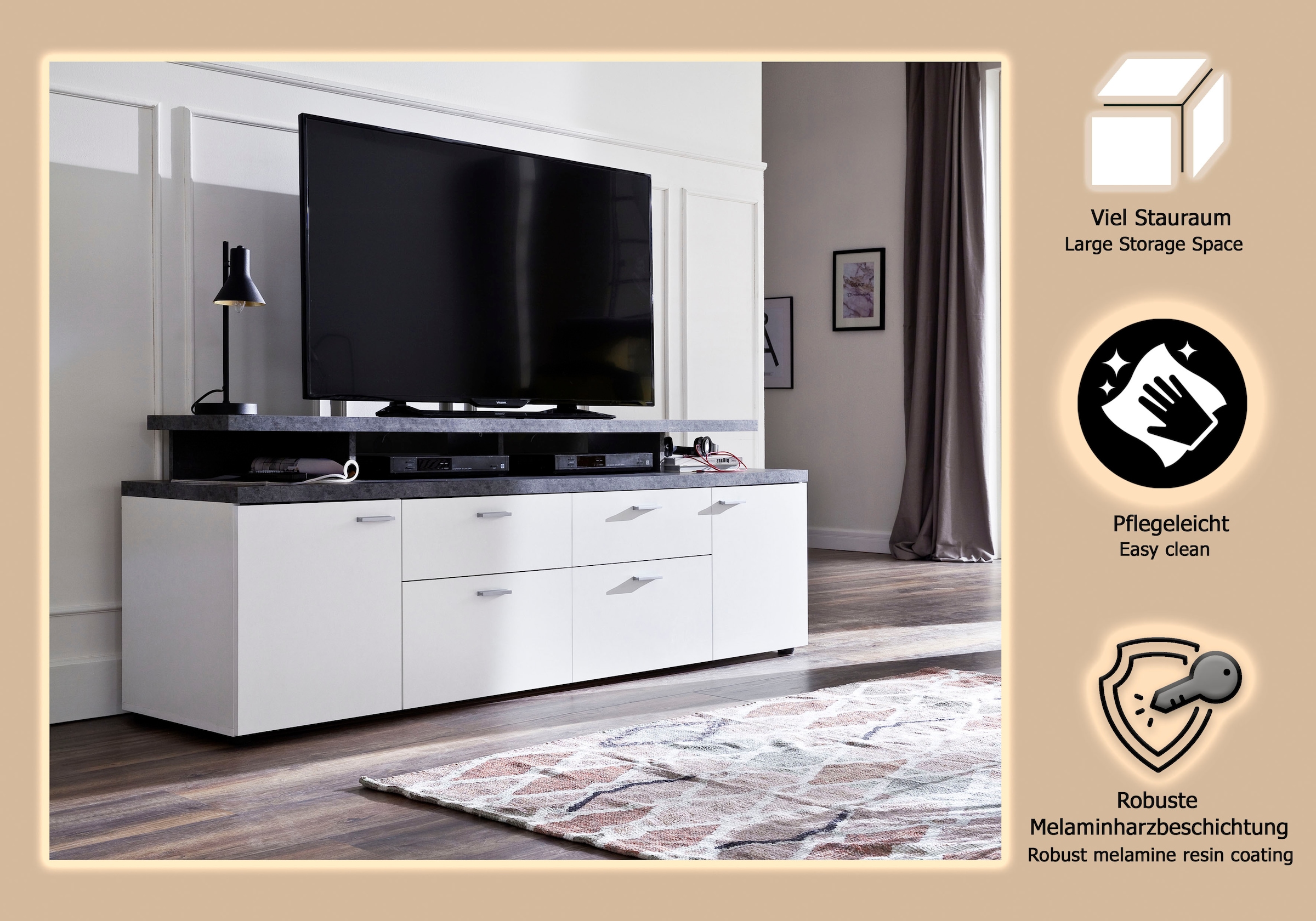 INOSIGN TV-Board »Messina«, (1 St.), TV-Lowboard mit Türen, Schubladen & Fächern - (B/T/H) 180/47/66 cm