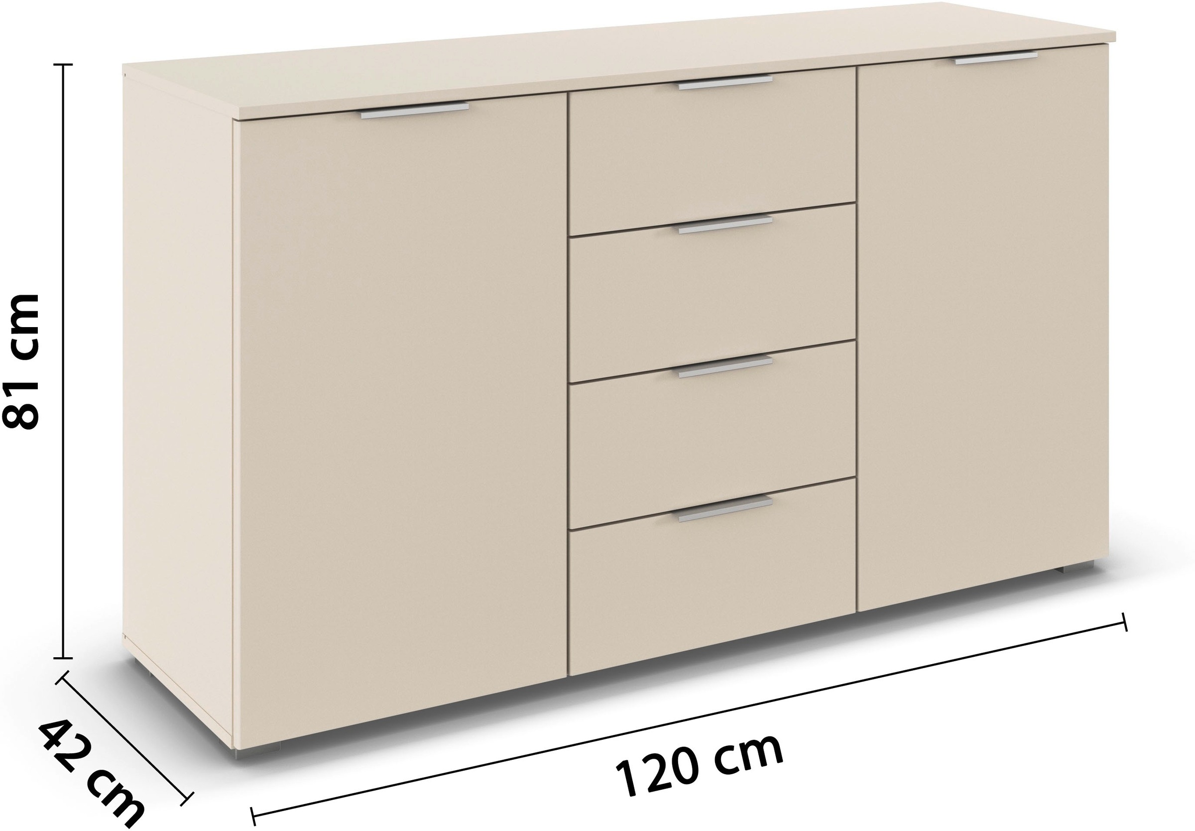 rauch Kombikommode »Sideboard Schubladenkommode AGORDO mit Dekor- oder Hochglanzfront«, (in zwei Griff-Farben, Breite 120 cm inkl. Soft-Close-Funktion), vier große Schubladen, mit insgesamt 4 Einlegeböden MADE IN GERMANY