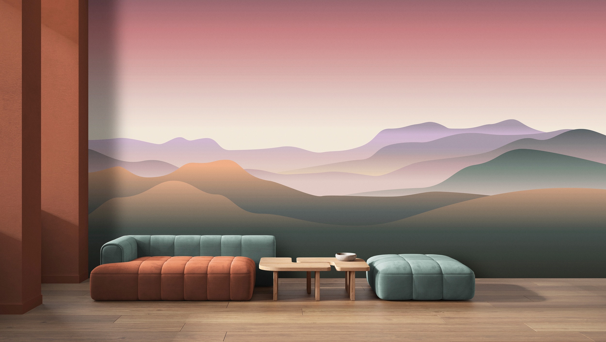 living walls Vliestapete "Fototapete Landschaft Rosa Violett Abstrakt Berge" matt glatt
