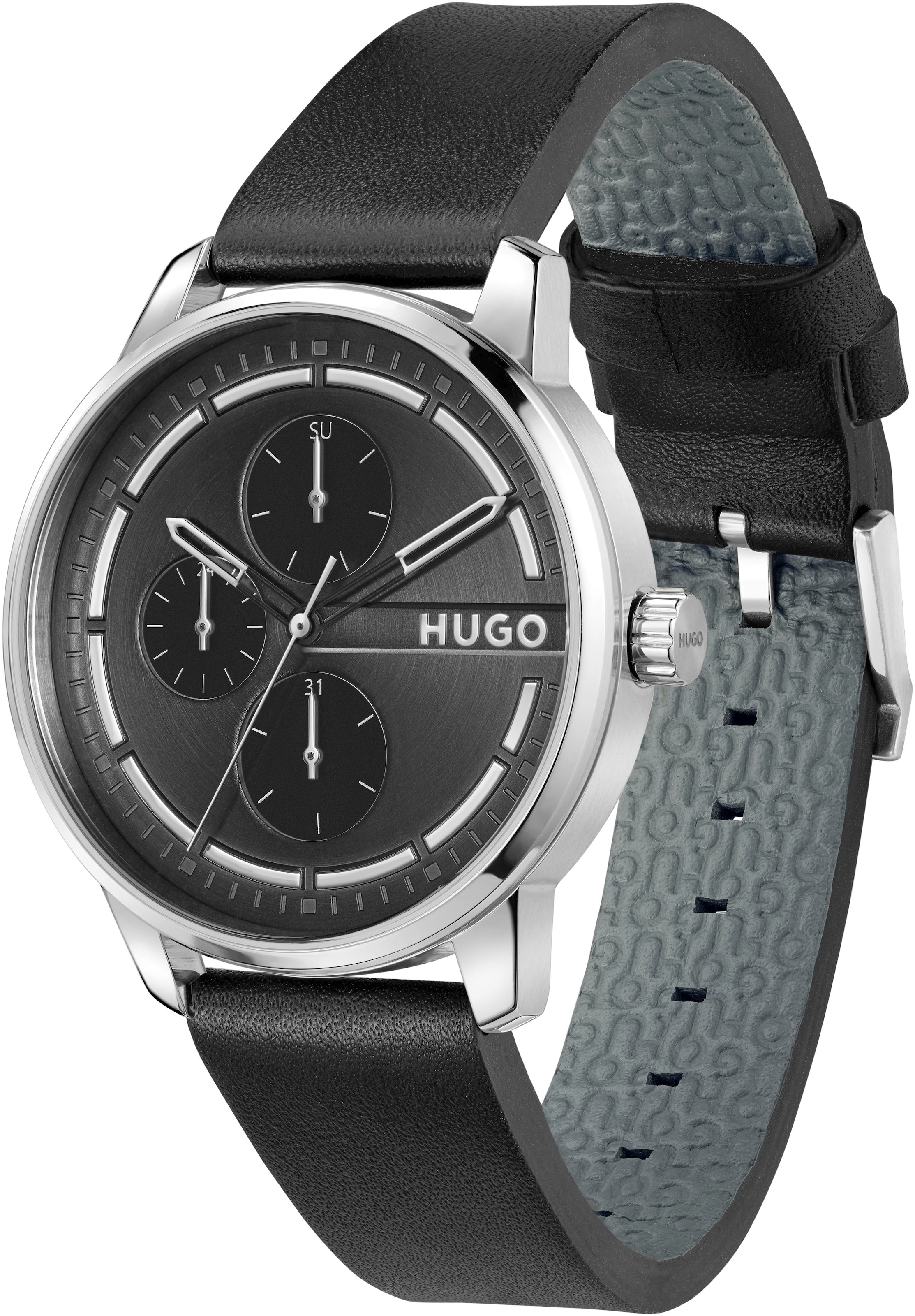 HUGO Multifunktionsuhr »#STAMP MULTI«, Armbanduhr, Quarzuhr, Herrenuhr, Datum, Lederarmband