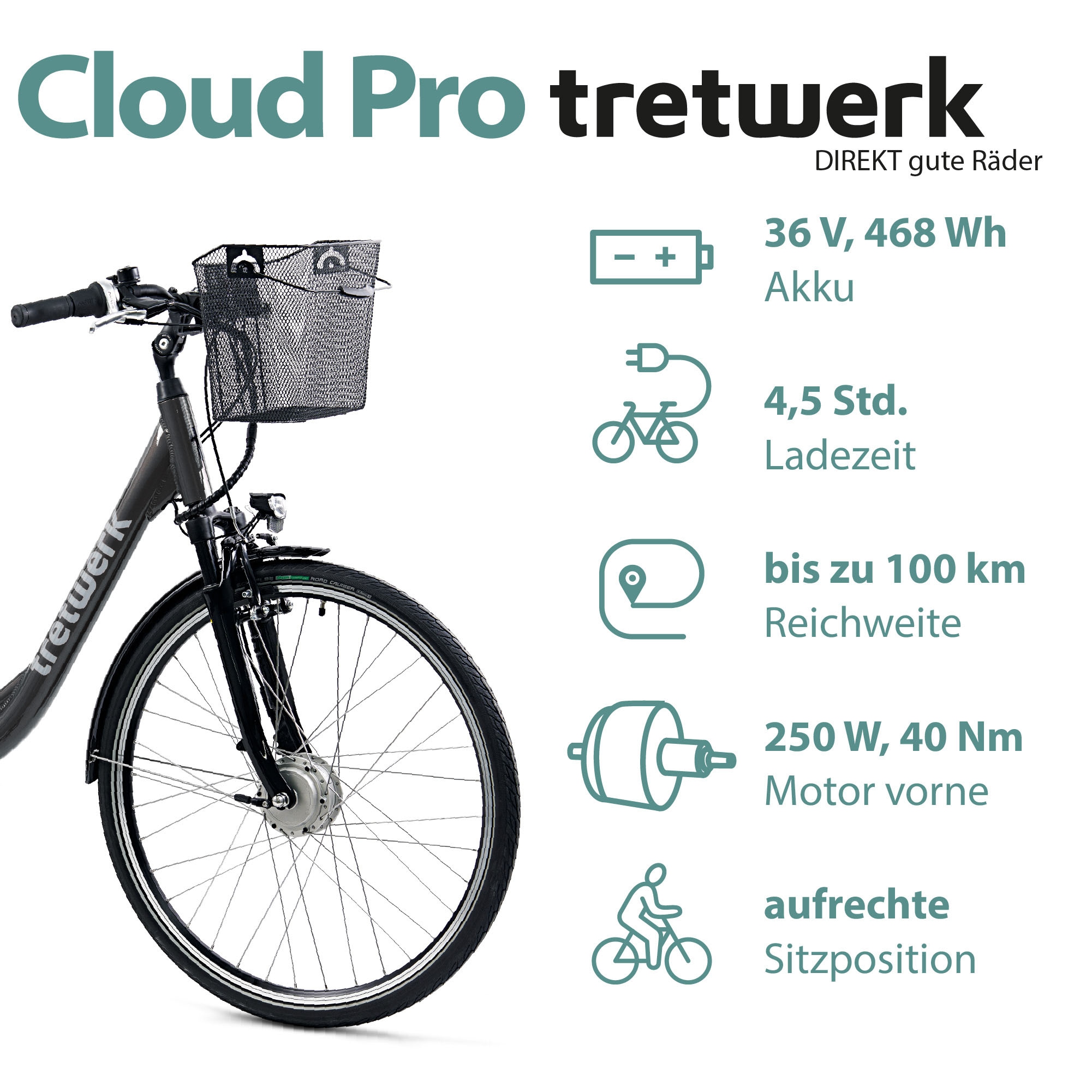 Tretwerk E-Bike »Cloud Pro«, 7 Gang, Frontmotor 250 W, (im Retro-Stil), Pedelec, Elektrofahrrad für Damen u. Herren