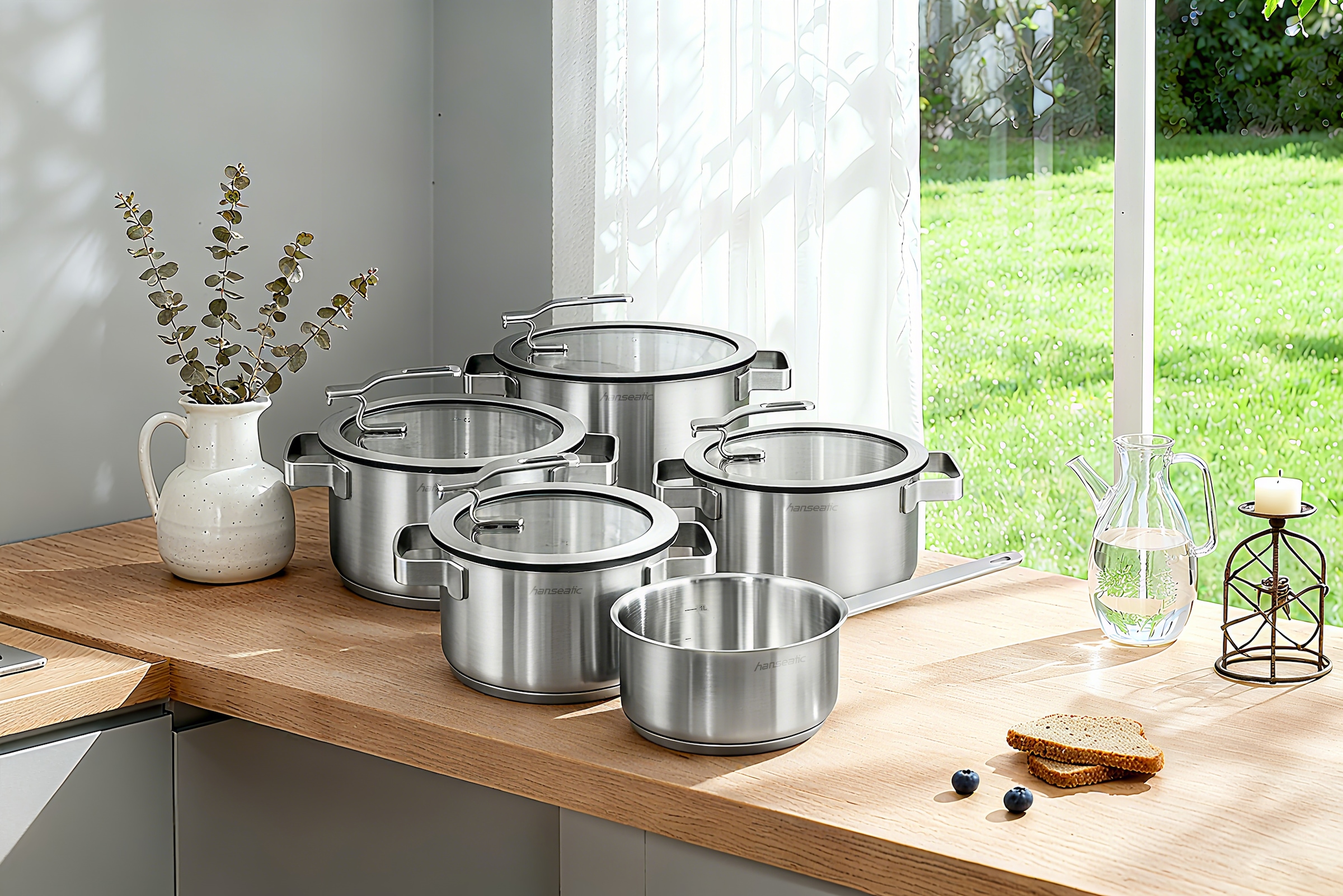 Hanseatic Topf-Set »STYLE« Edelstahl 18/10 Set, Fleischtopf 1x 16 cm / 2x 20 cm / 1x 24 cm, Stielkasserolle 16 cm, 9 Stk. tlg. Deckel mit praktischer Aufhänge-Funktion, Induktion