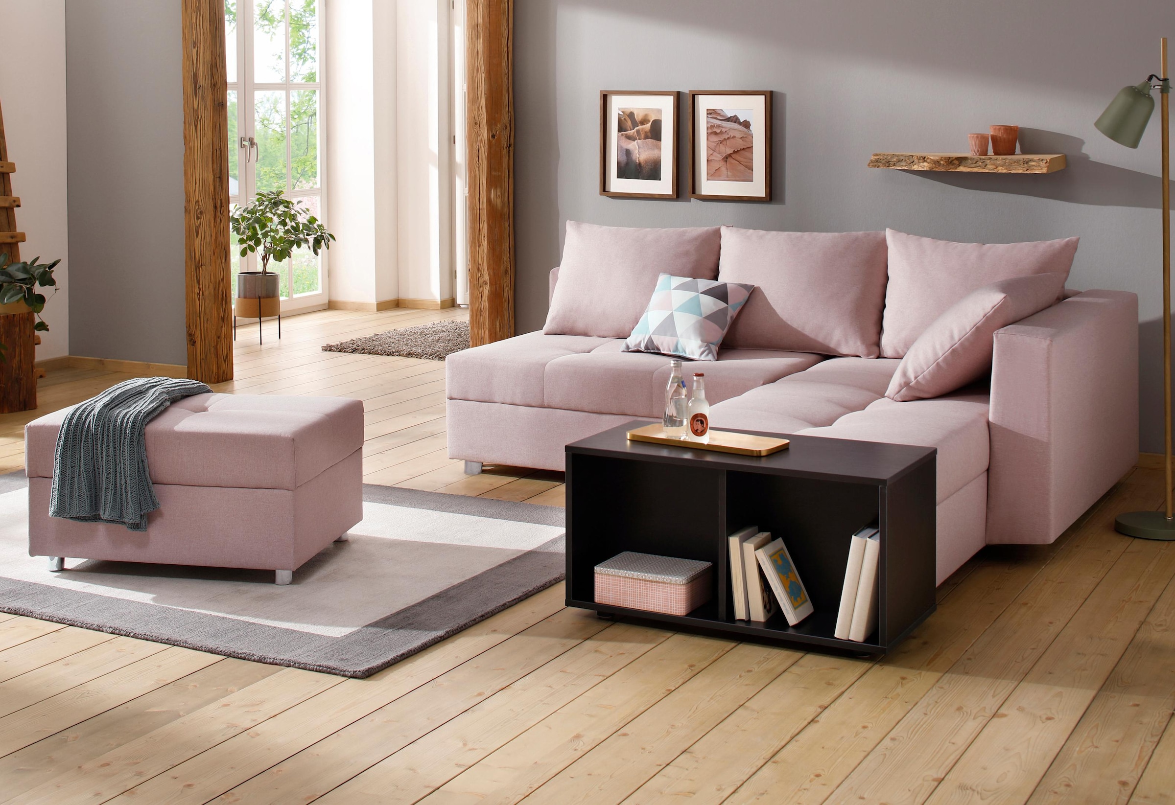 Home affaire Ecksofa "Italia L-Form, B: 217 cm, Schlaffunktion, Bettkasten" Federkern, frei stellbar, mit Zierkissen, Gästebettfunktion