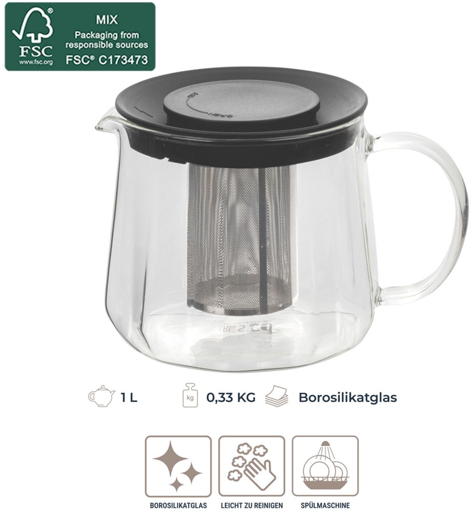 RESTO Kitchenware Teekanne »Ain, hitzebeständige Glaskanne im 3D Design, Höhe ca. 12 cm«, 1 l, (4 St.), mit herausnehmbarem Filtersieb aus Edelstahl, im Geschenkkarton