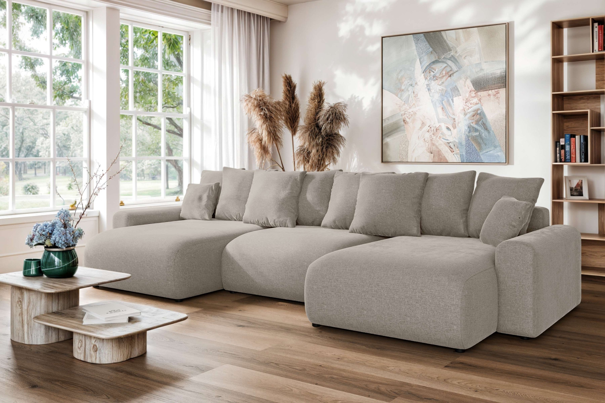Home affaire Wohnlandschaft »LAKESIDE mit Bettfunktion und Bettkasten, Maße B/T/H: 332,5/142/84 cm«, U‑Form mit vielen Kissen und Wellenunterfederung