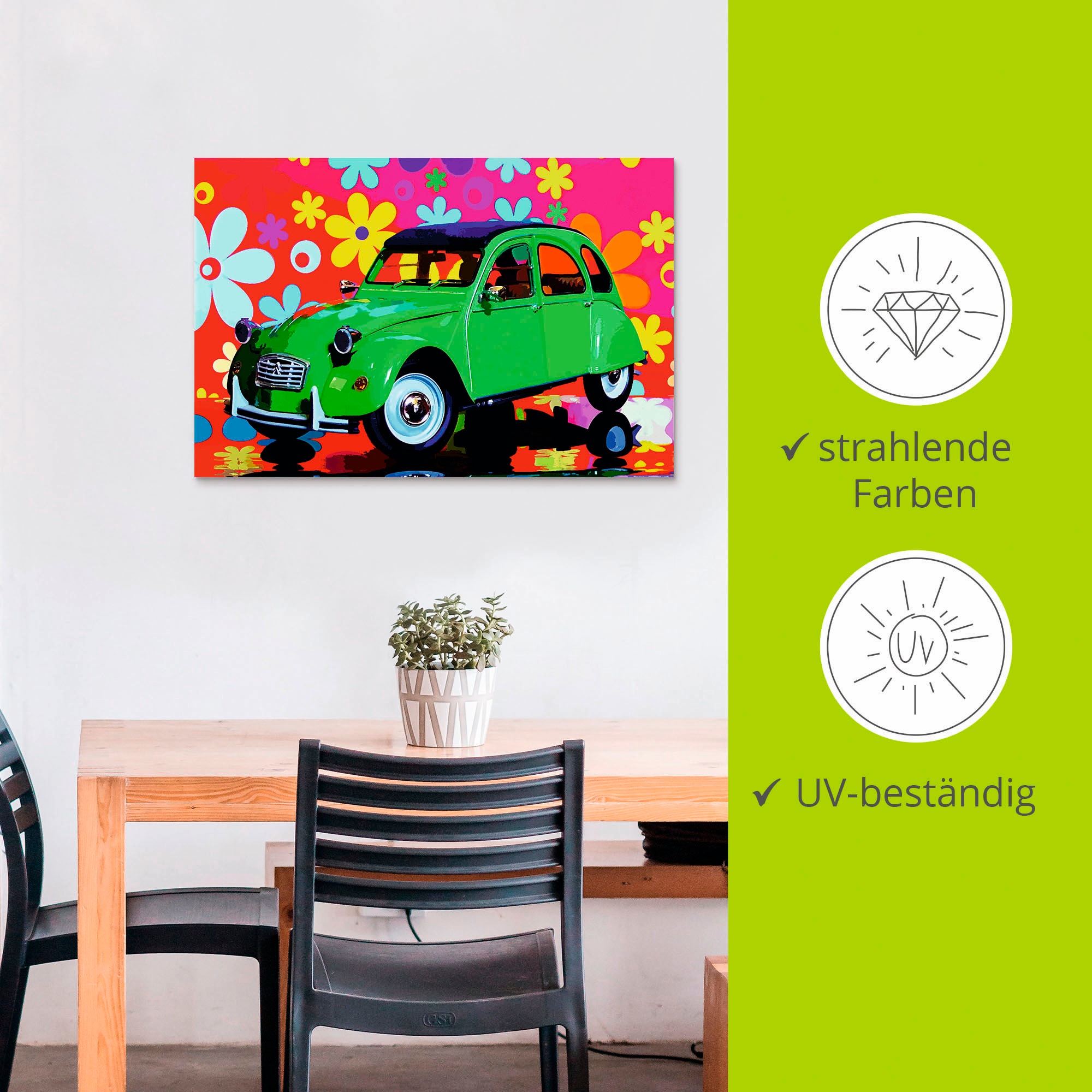 Artland Alu-Dibond-Druck »CitroÃ«n 2CV grün« Auto 1 Stk. tlg. für Innen- und Außenbereich geeignet, Outdoorbild