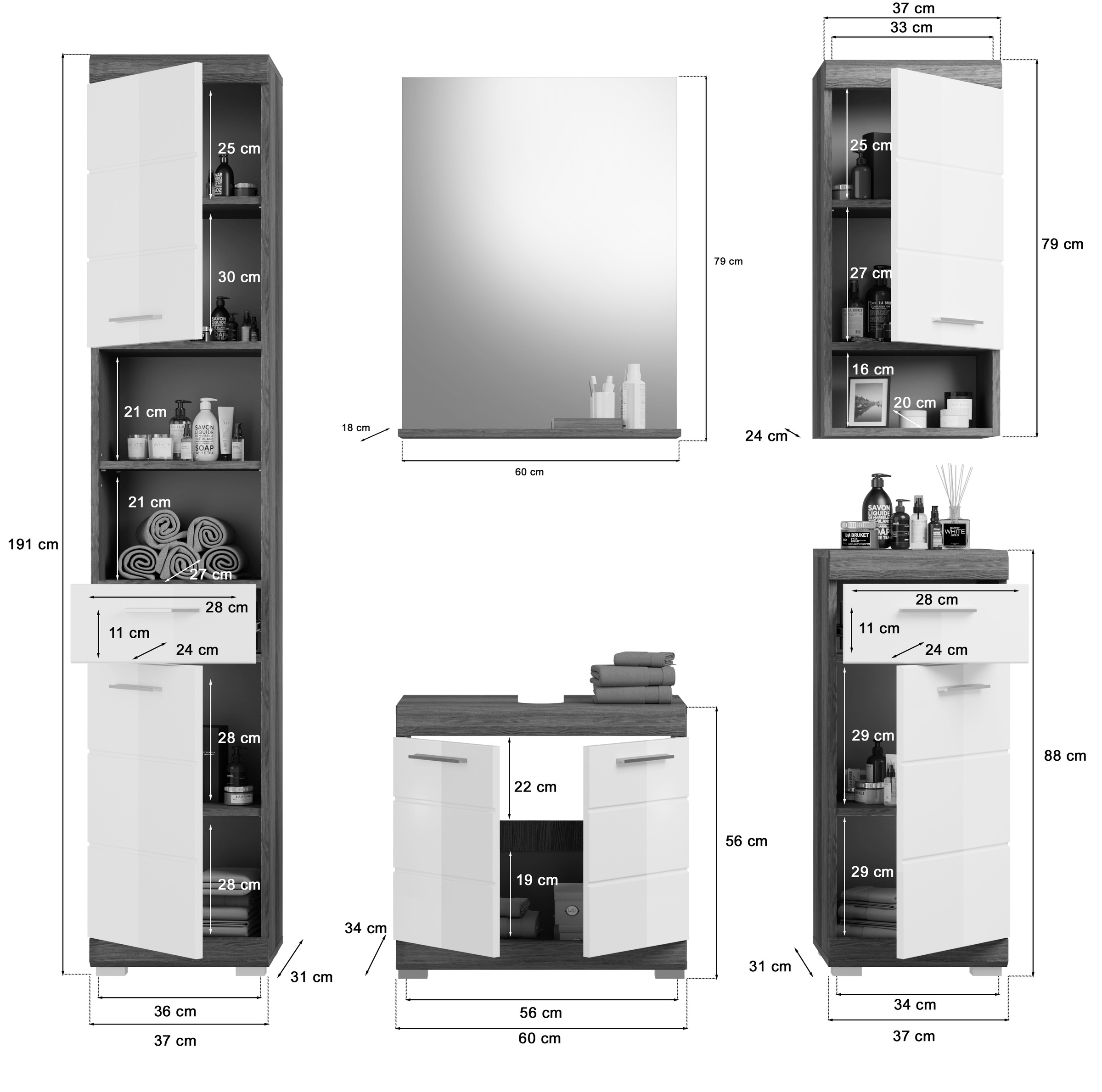 INOSIGN Badmöbel-Set »Siena, 5 teilig, bestehend aus:«, (Set, 5 St.), Hochschrank, WBU, Spiegel, Unterschrank, Hängeschrank