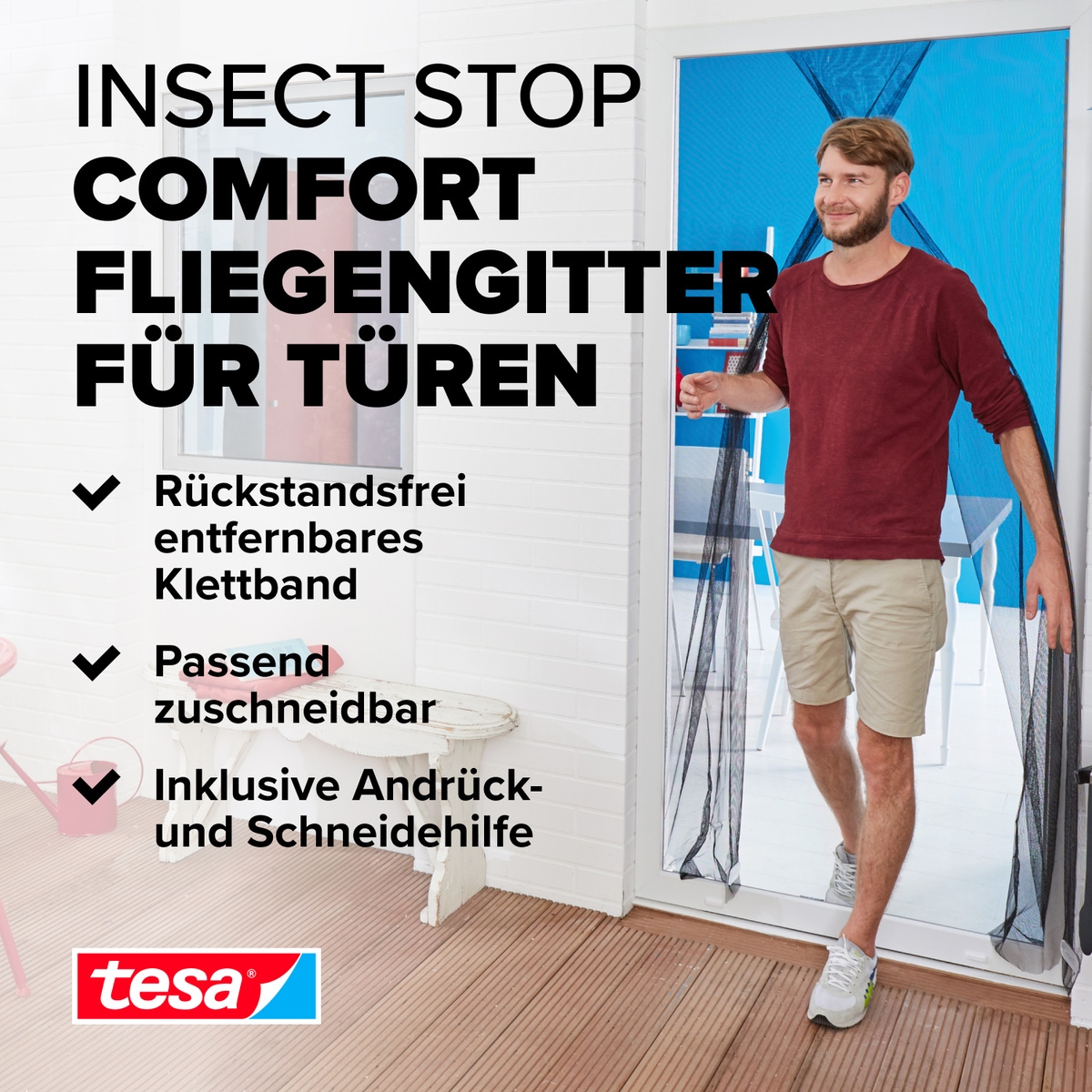 tesa Insektenschutz-Tür »Insect Stop Comfort Fliegengitter für Türen - 1,2 m : 2,2 m«, Balkon Türvorhang - Insektenschutz ohne Bohren