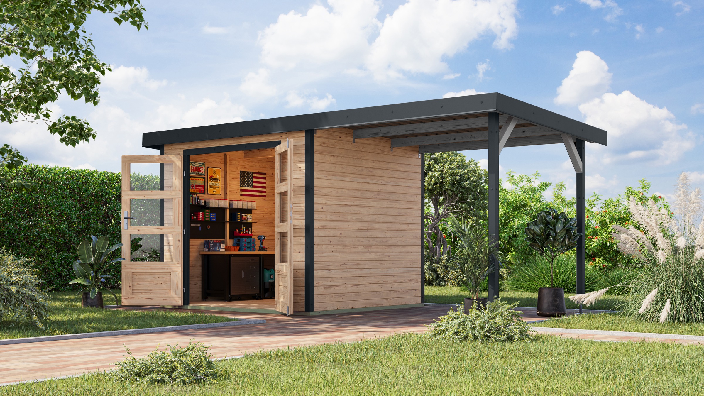 Karibu Gartenhaus ""Jupiter 3 A" SET naturbelassen, mit Anbaudach 2,35 m br günstig online kaufen
