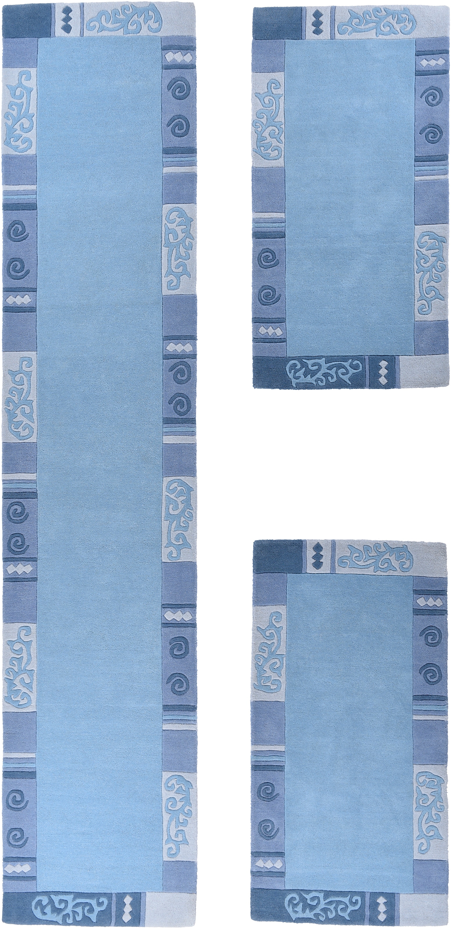 Bettumrandung THEKO, H:14mm, blau, Obermaterial: 100% Schurwolle, Schlafzimmer, Bettumrandungen, "Ambadi", Bettvorleger, reine Wolle, mit Bordüre,
