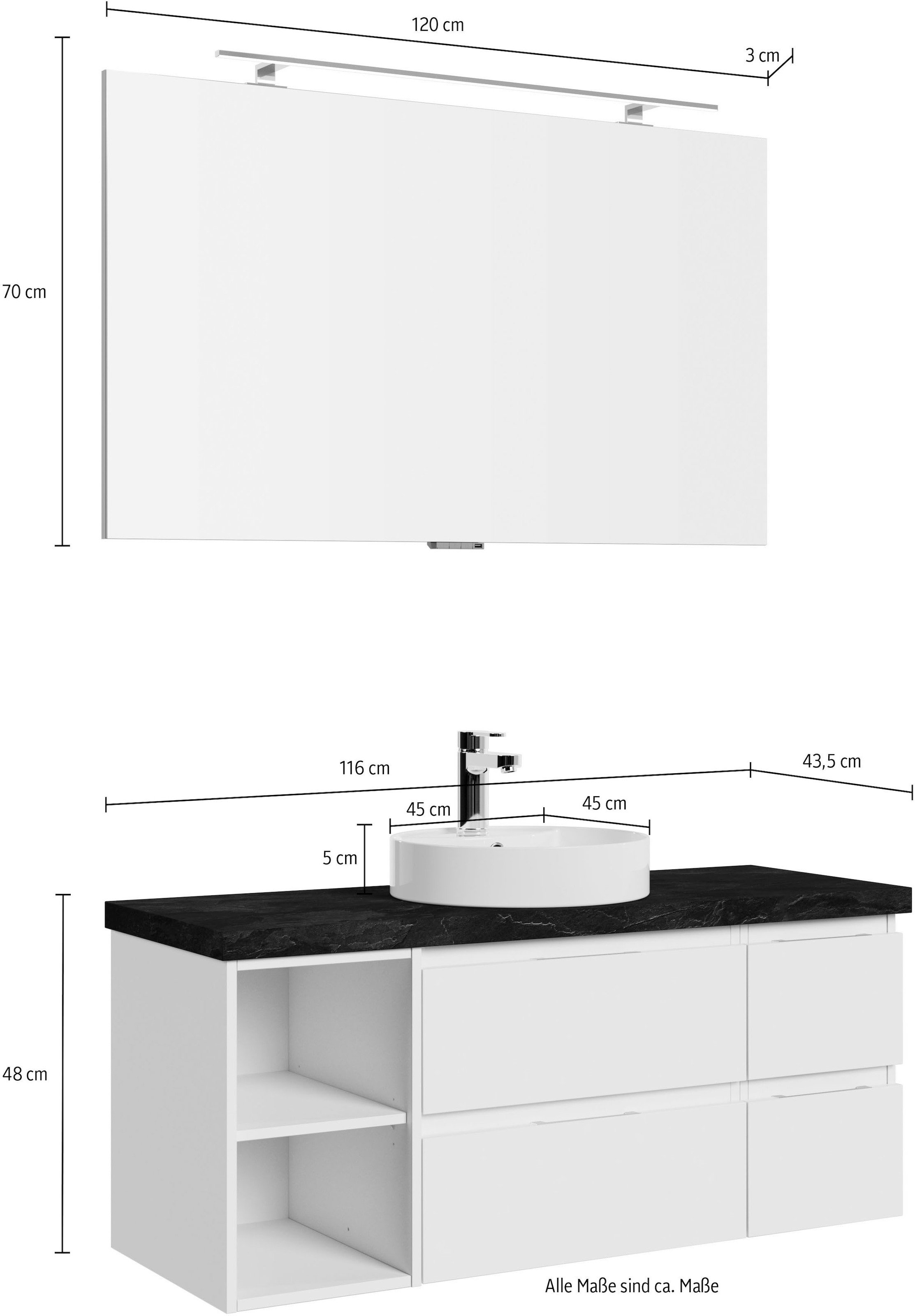 Saphir Badmöbel-Set »Serie 4035 2-teilig, Keramik-Aufsatzbecken mit LED-Spiegel«, (Set), Waschplatz inkl. Türdämpfer, 120 cm breit, 4 Schubladen, 3 Türen