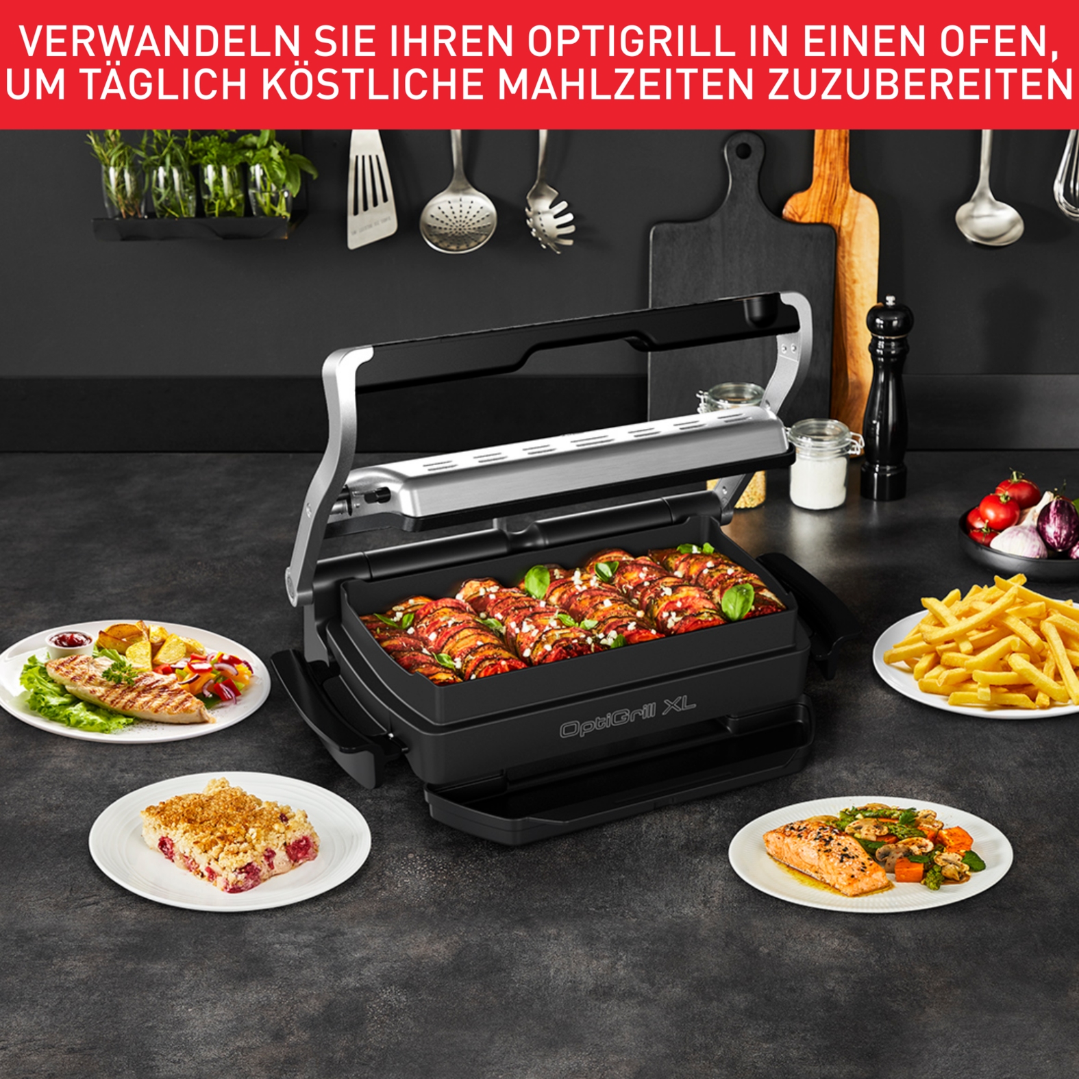 Tefal Kontaktgrill »OptiGrill+ XL inkl. Backschale, manueller Modus mit 4 Temperaturen«, 2000 W, 9 automatische Kochprogramme, spülmaschinengeeignete Platten, GC724D