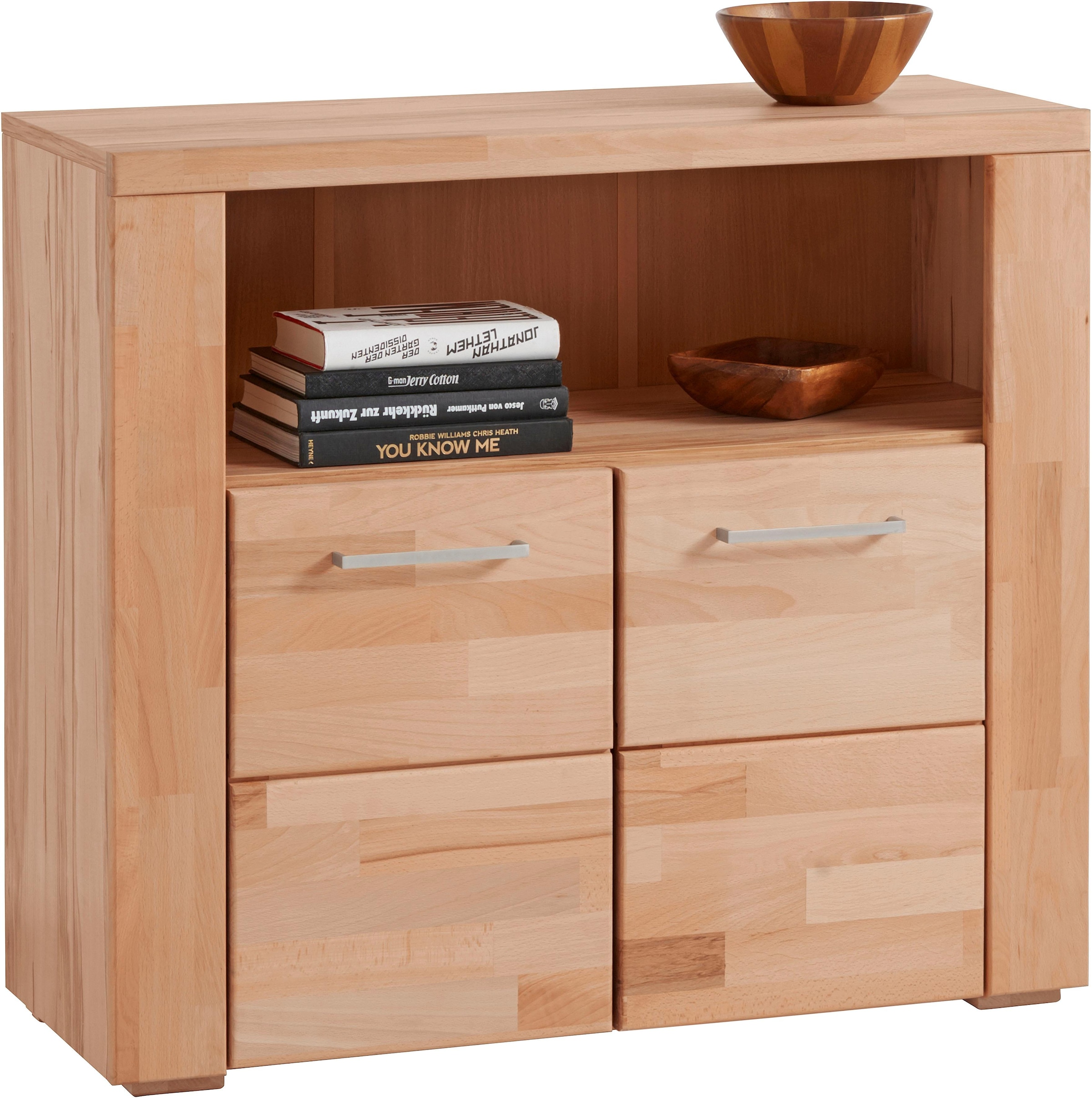 Home affaire Kommode »Celle,90cm breit,35 cm tief, Fronten Massivholz«, Holz massiv, Holzwerkstoff, Metall Griffe,3 breite Fächer