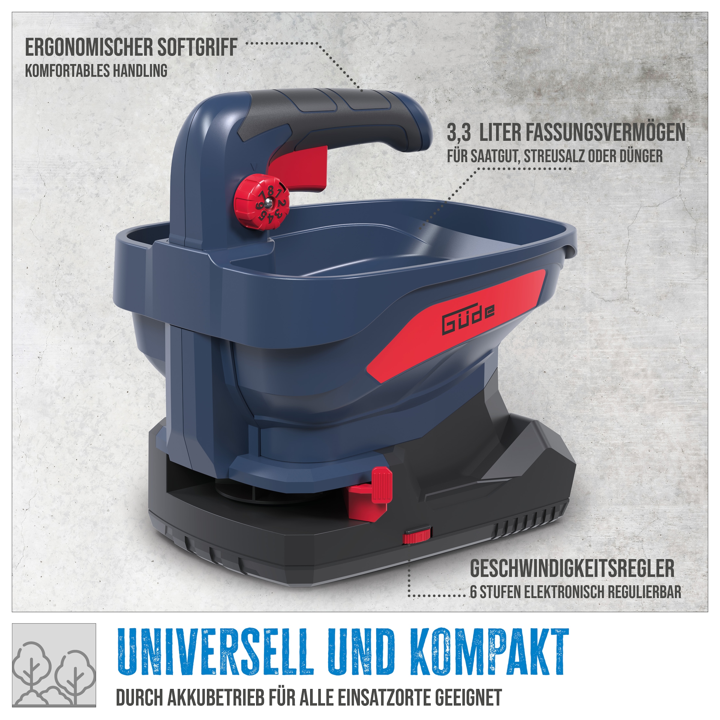 Güde Handstreuer »Akku Universalstreuer »GUS 18-201-05««, (3 tlg.), für: Samen und Streusalz, Streubreite 5m, Inkl 2x Akkus und Ladegerät